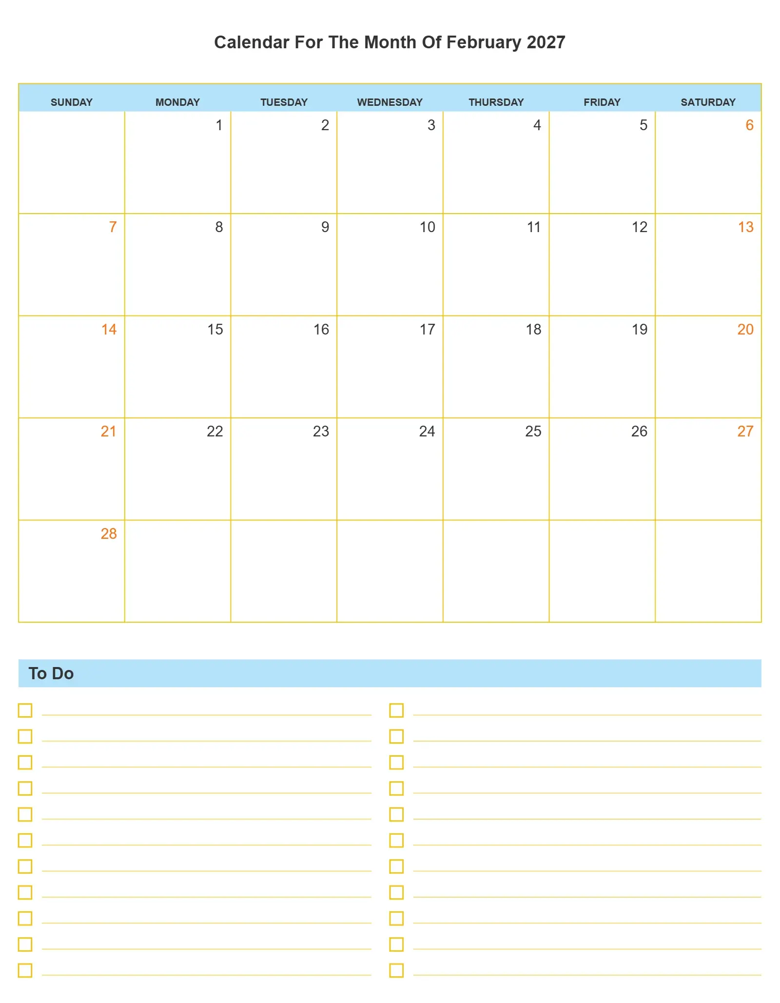 Calendar For The Month Of February 2027 With To Do List Bottom Portrait