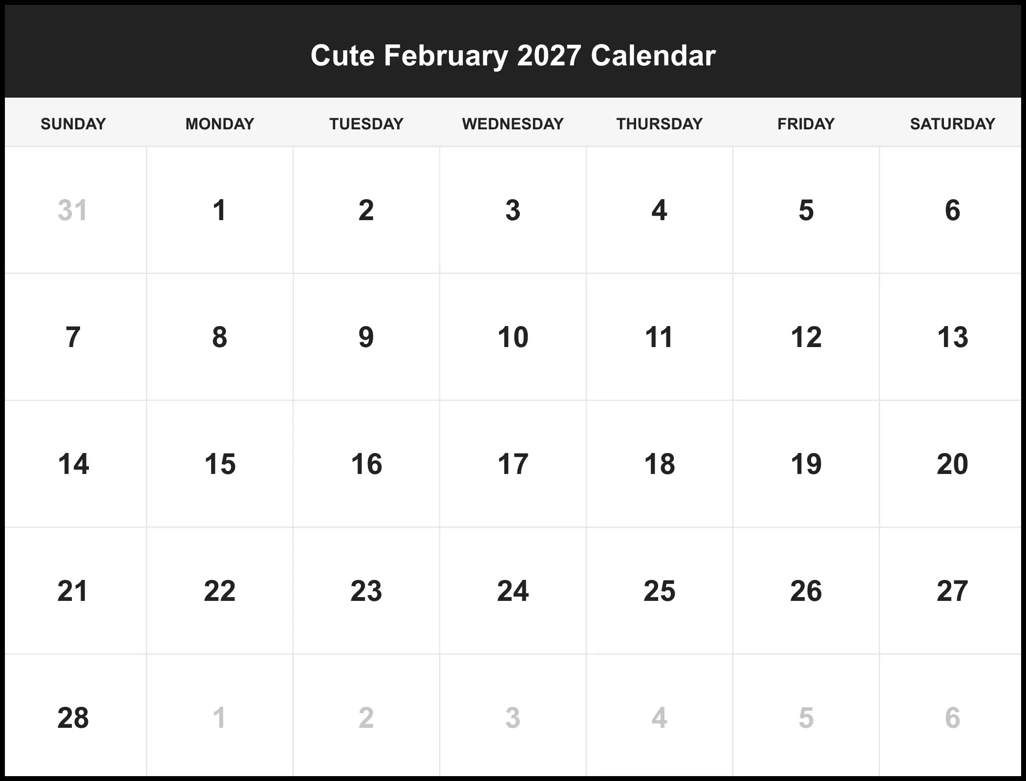 Cute February 2027 Calendar