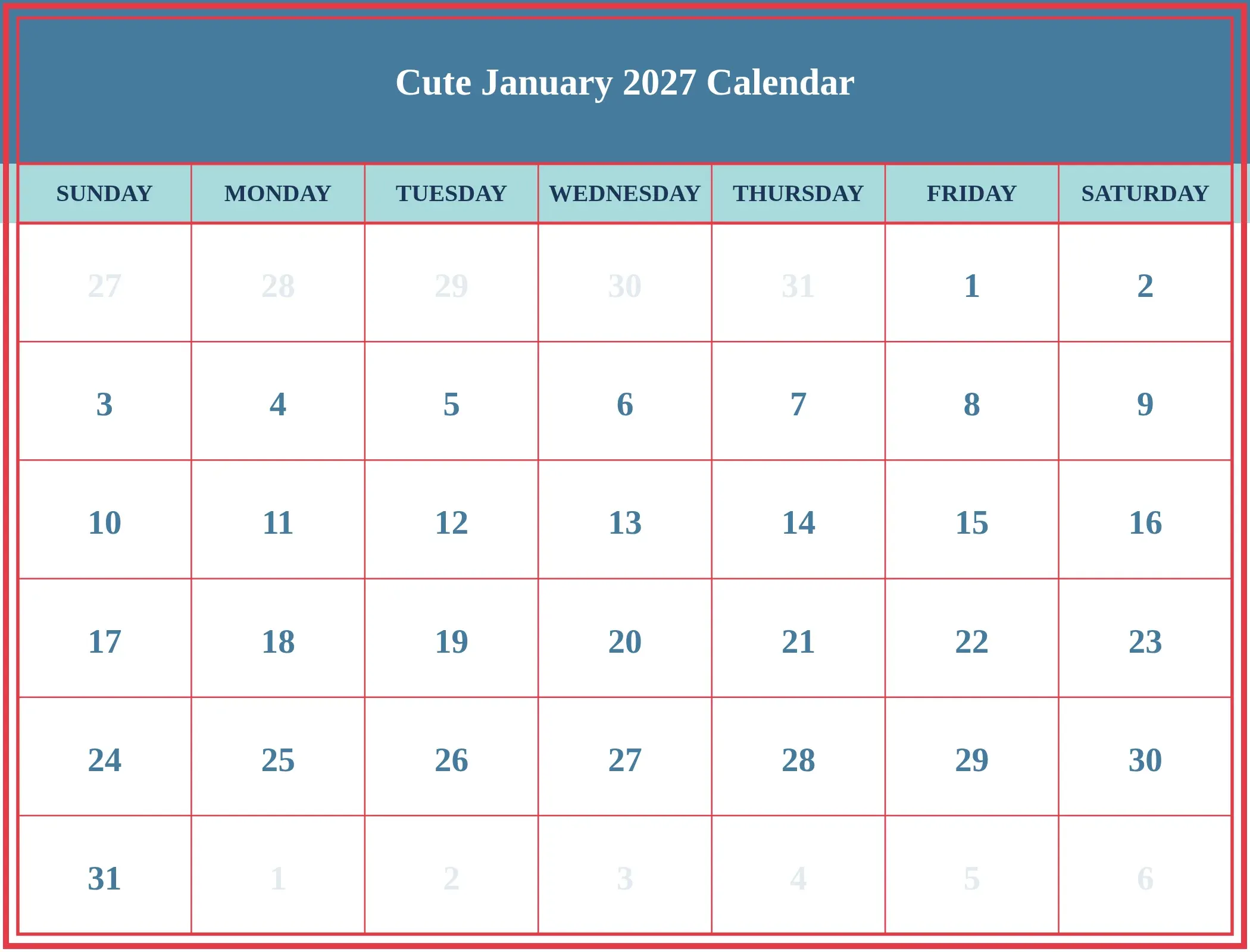 Cute January 2027 Calendar Download Landscape Cute January 2027 Calendar Download Landscape