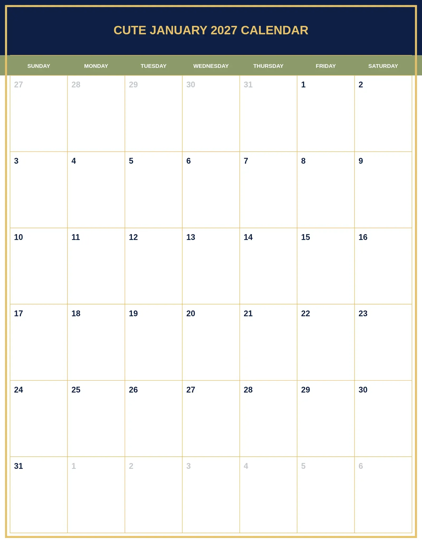 Cute January 2027 Calendar With Portrait Template Cute January 2027 Calendar With Portrait Template