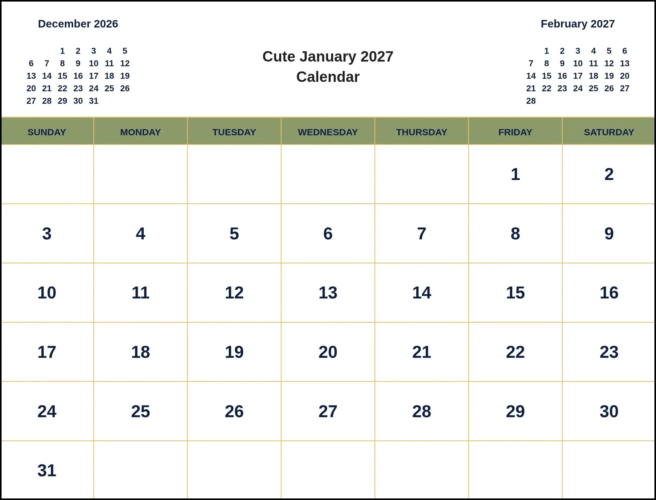 Cute January 2027 Calendar With Three Month View