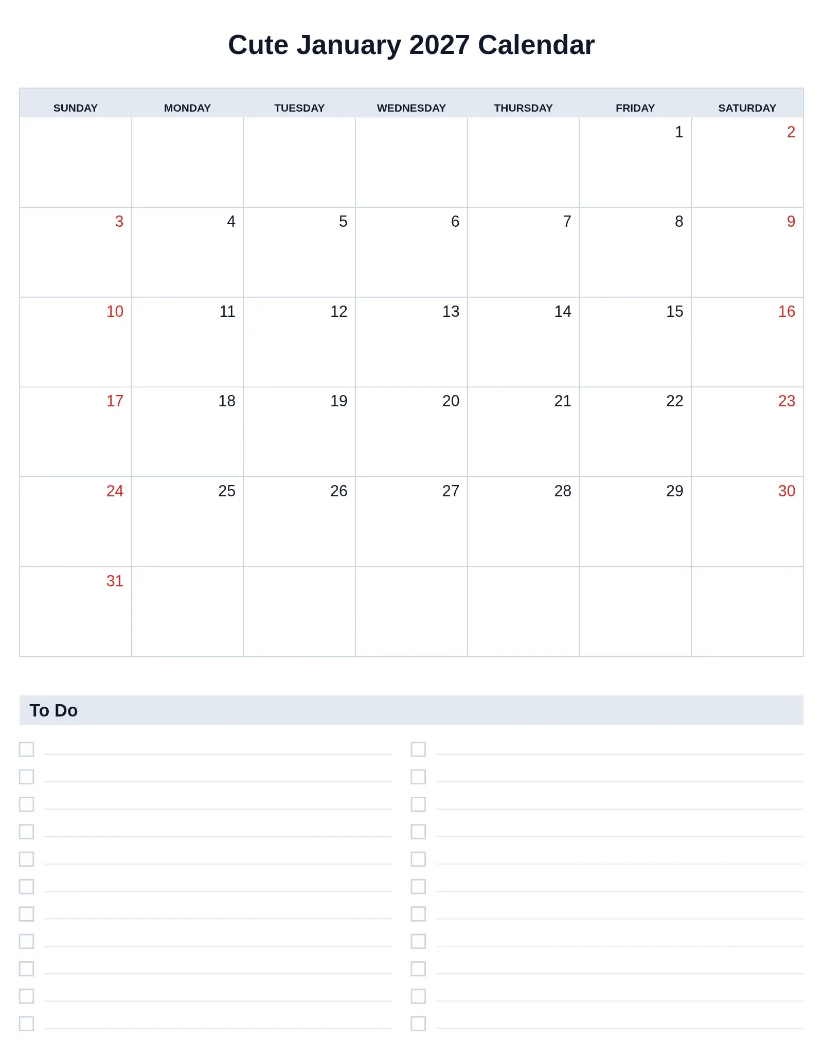 Cute January 2027 Calendar With To Do List Bottom Portrait Cute January 2027 Calendar With To Do List Bottom Portrait