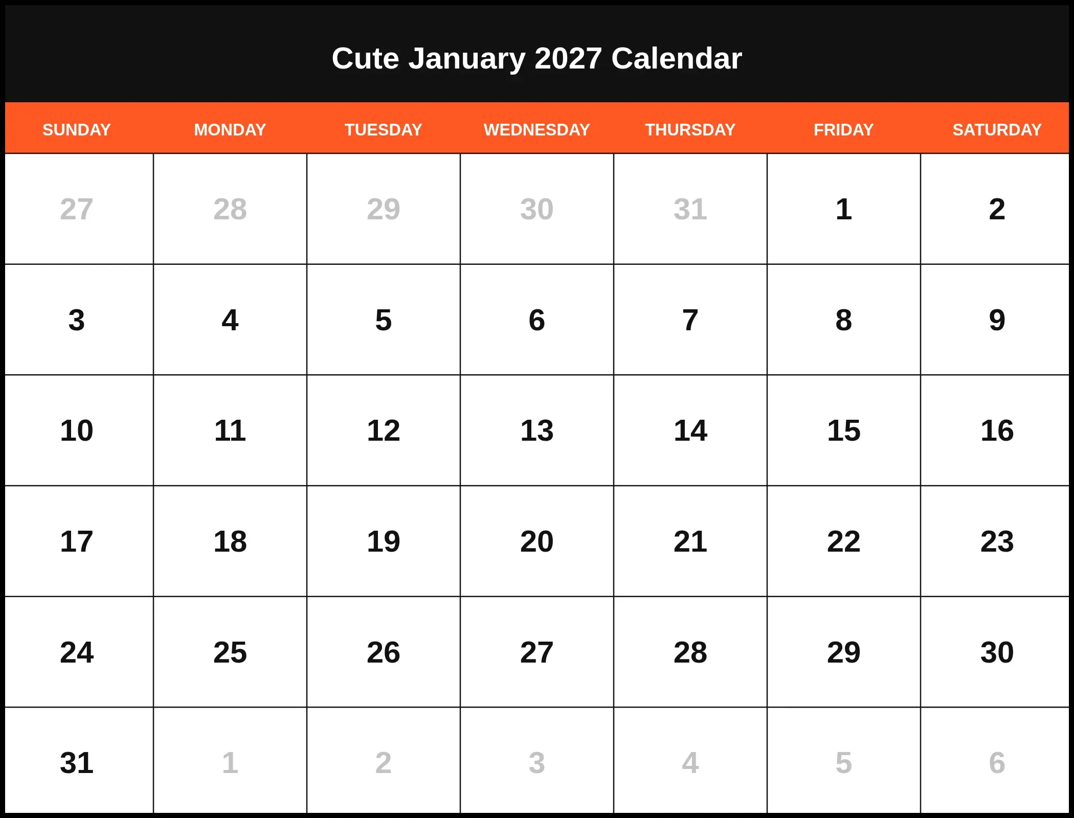 Cute January 2027 Calendar