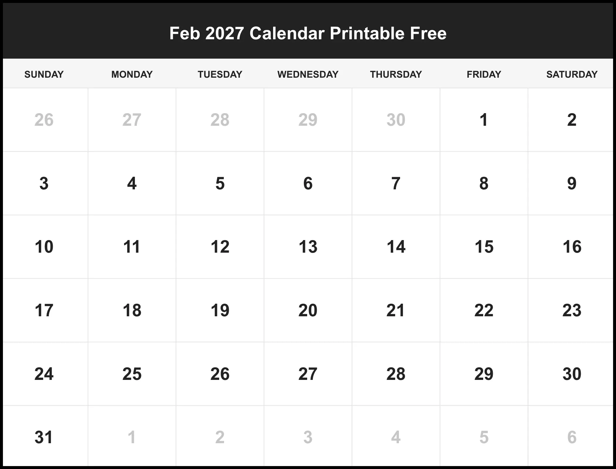 Feb 2027 Calendar Printable Free