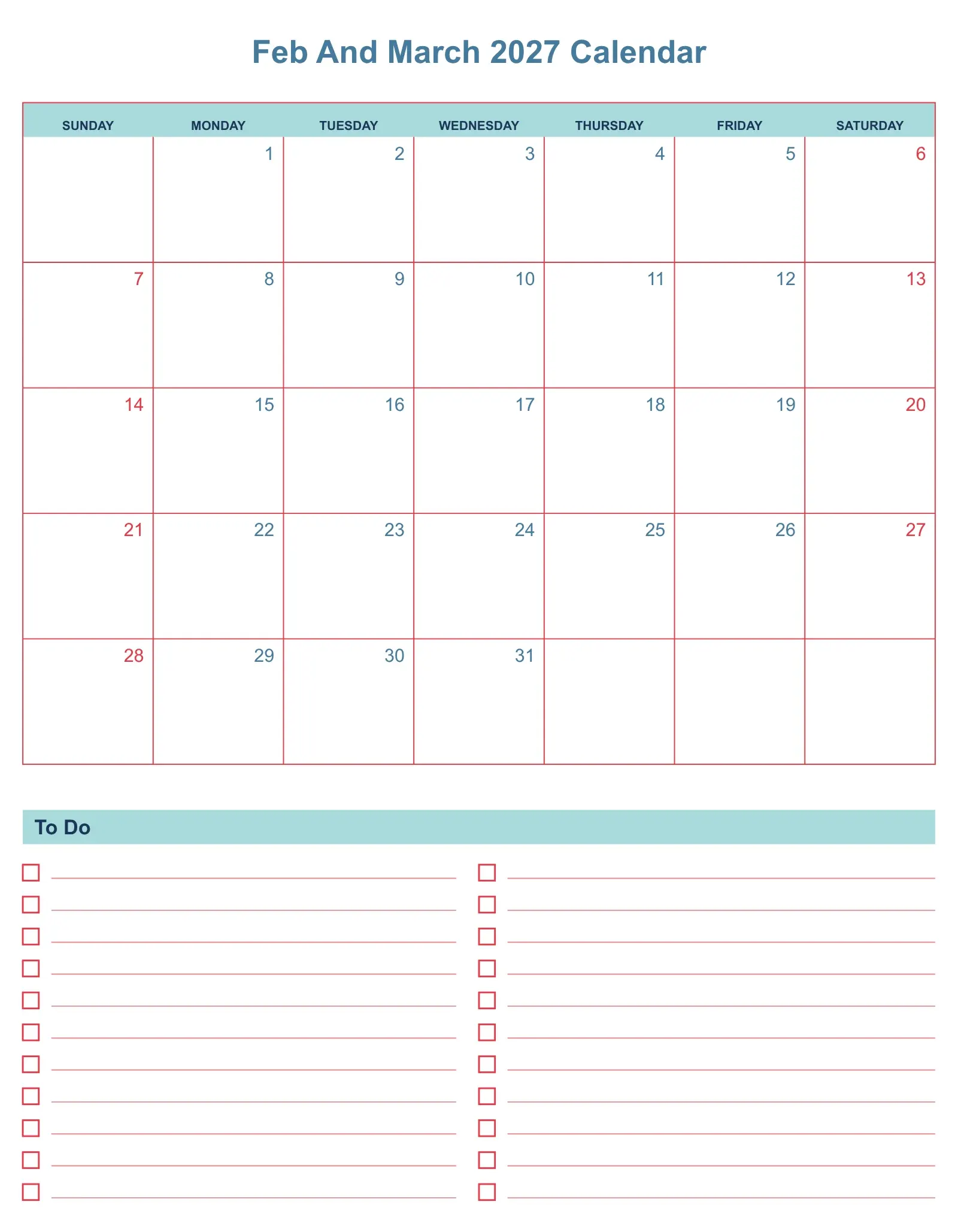 Feb And March 2027 Calendar With To Do List Bottom Portrait