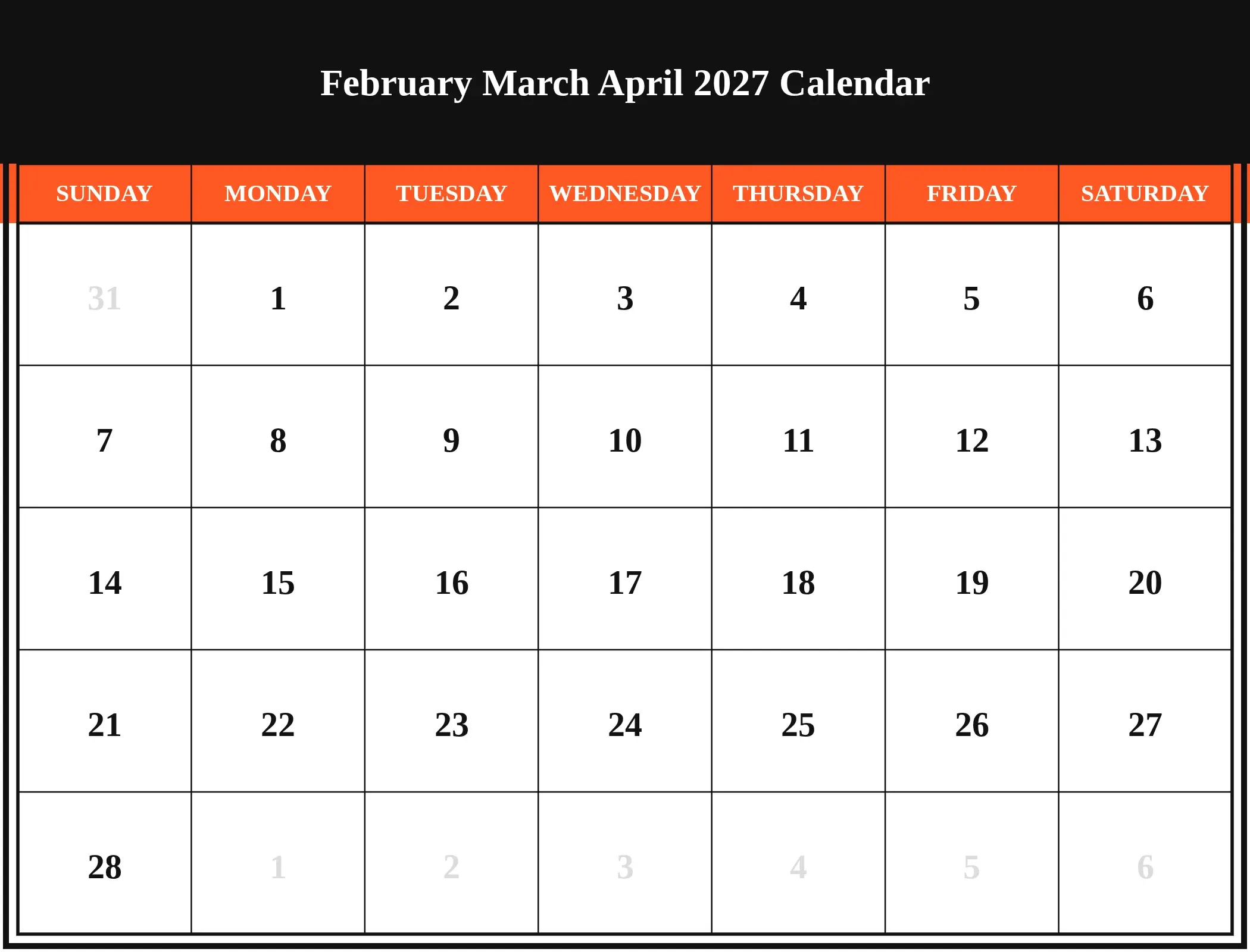 February March April 2027 Calendar Download Landscape February March April 2027 Calendar Download Landscape