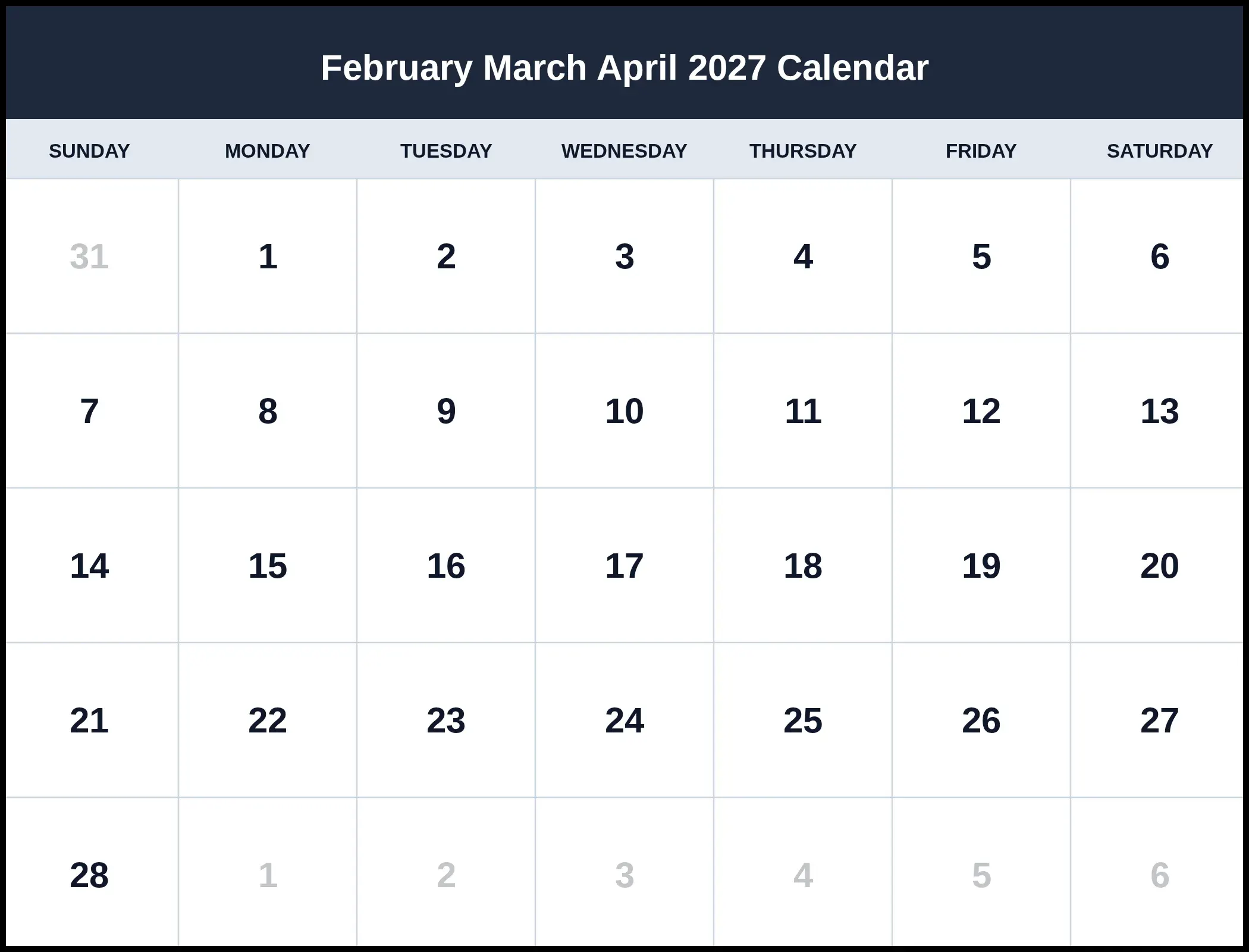 February March April 2027 Calendar Pdf February March April 2027 Calendar Pdf