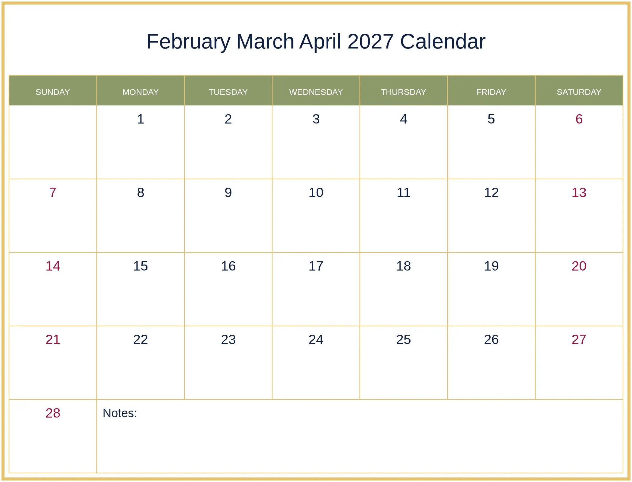 February March April 2027 Calendar with Notes Bottom Landscape