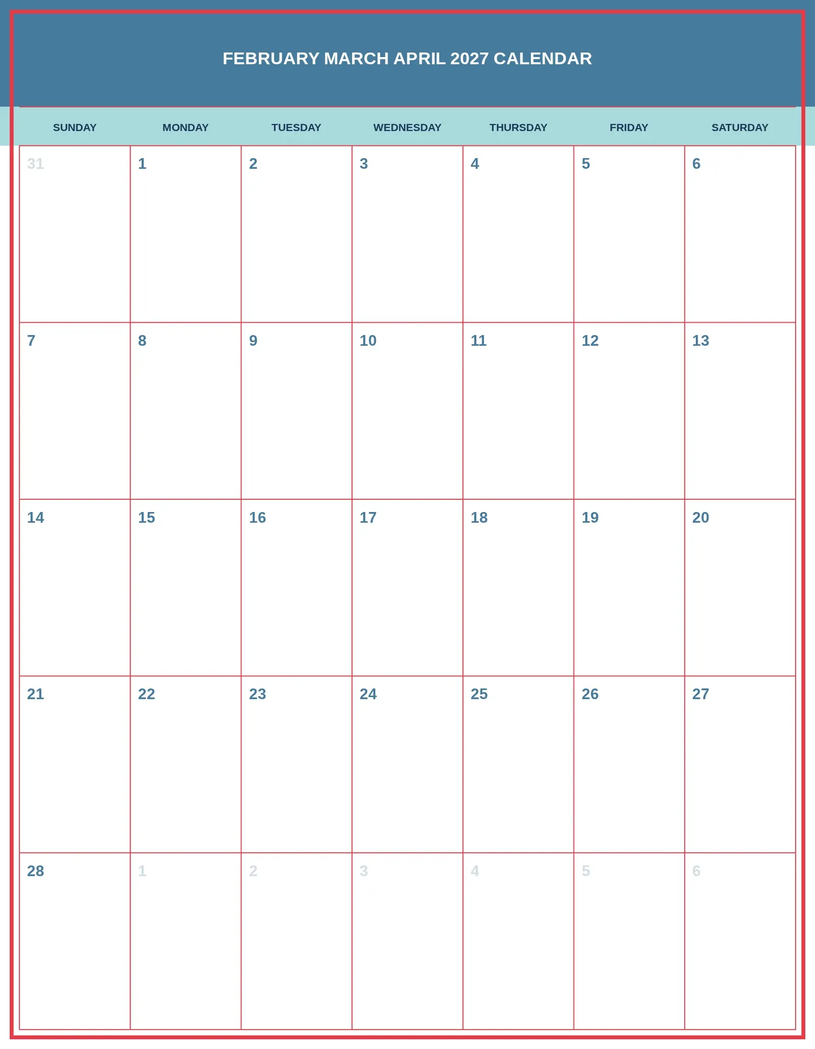 February March April 2027 Calendar With Portrait Template