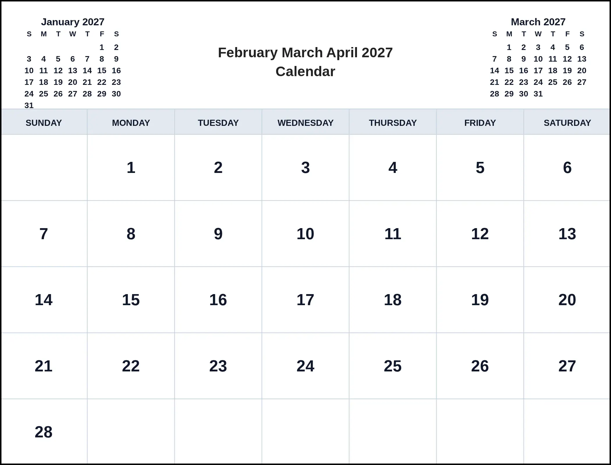 February March April 2027 Calendar With Three Month View