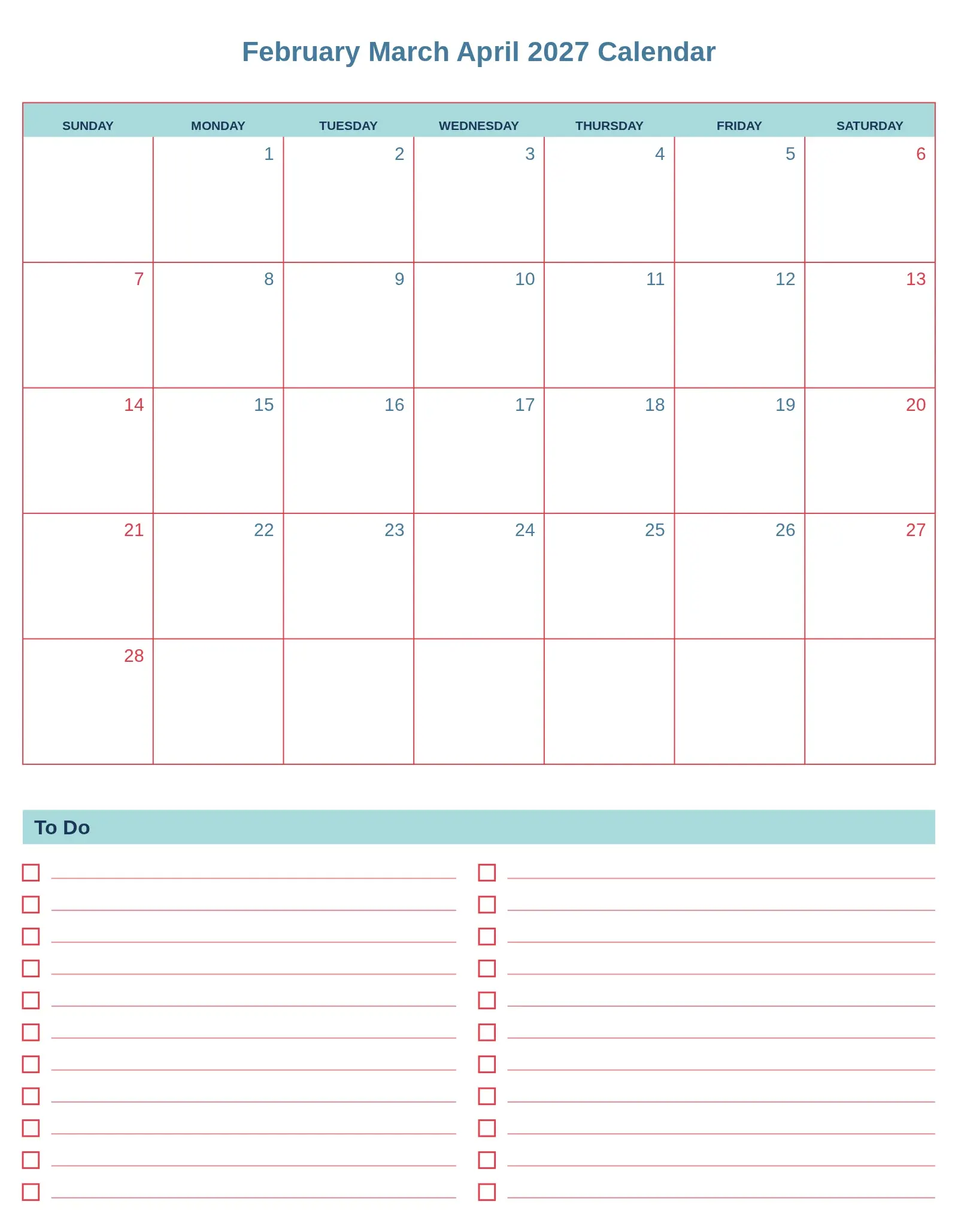 February March April 2027 Calendar With To Do List Bottom Portrait