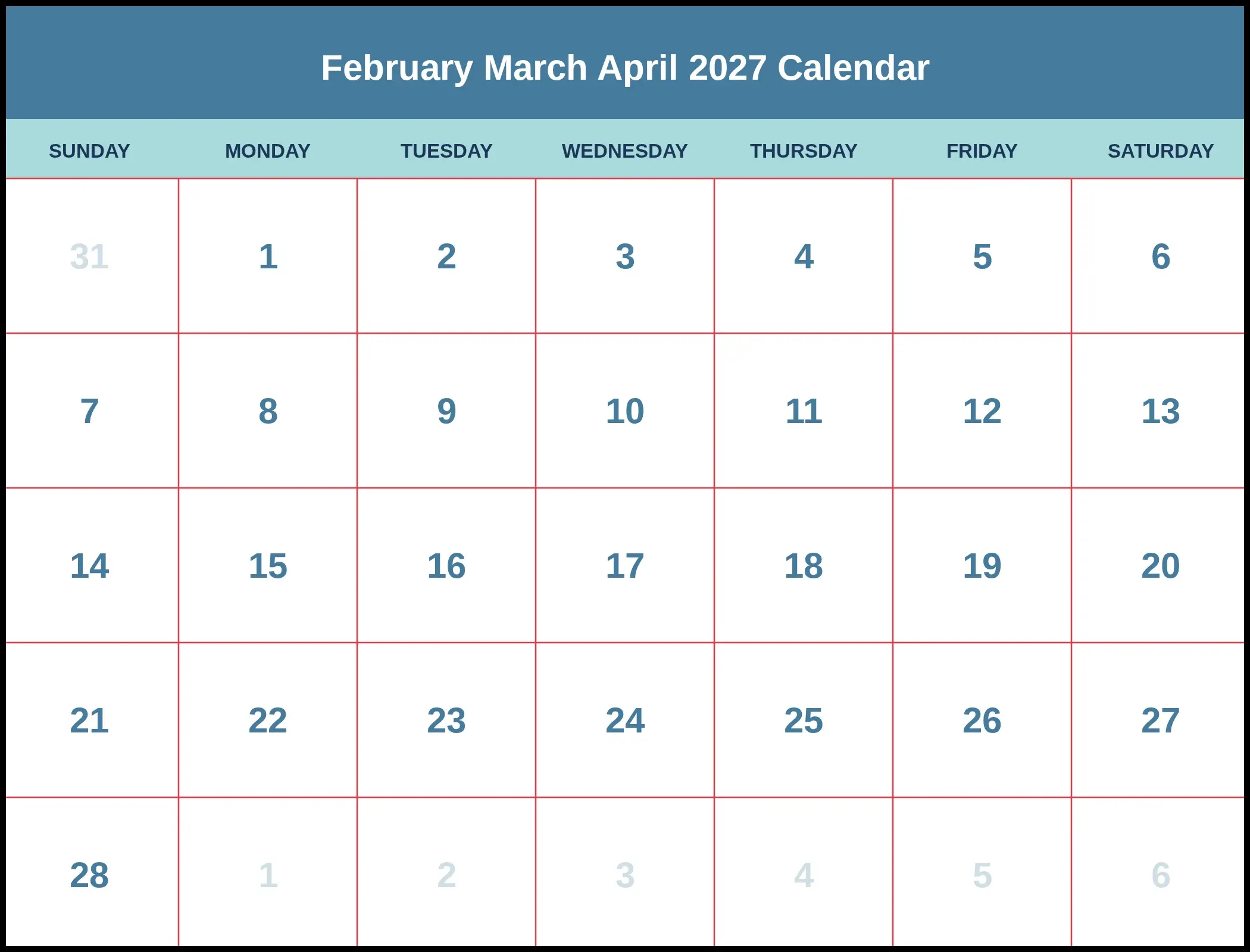 February March April 2027 Calendar February March April 2027 Calendar