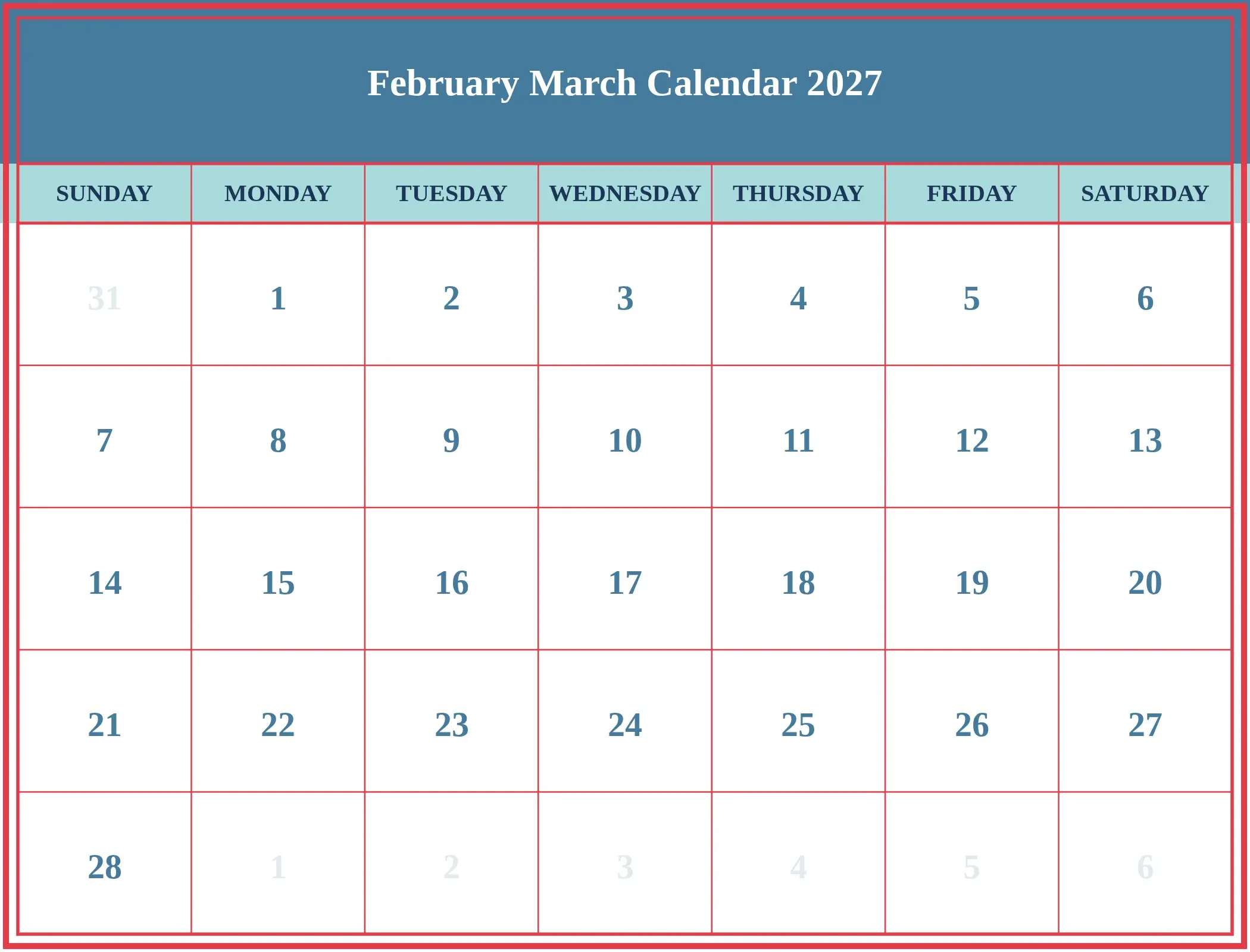 February March Calendar 2027 Download Landscape