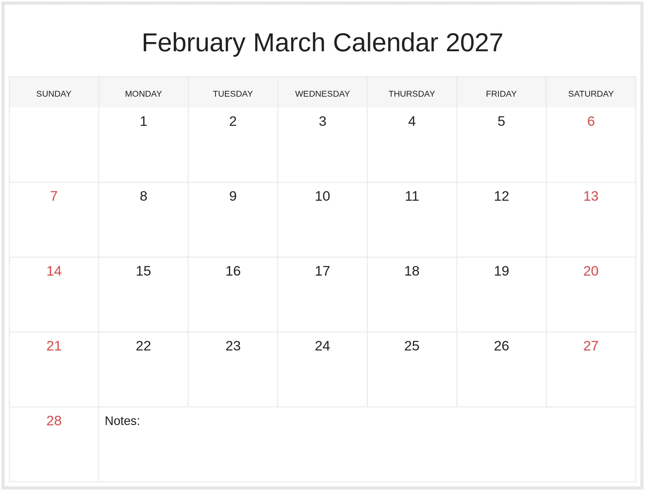 February March Calendar 2027 with Notes Bottom Landscape