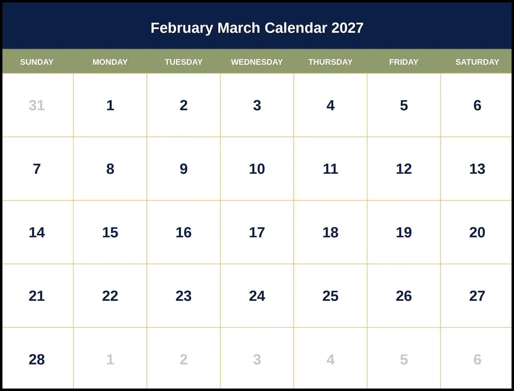 February March Calendar 2027