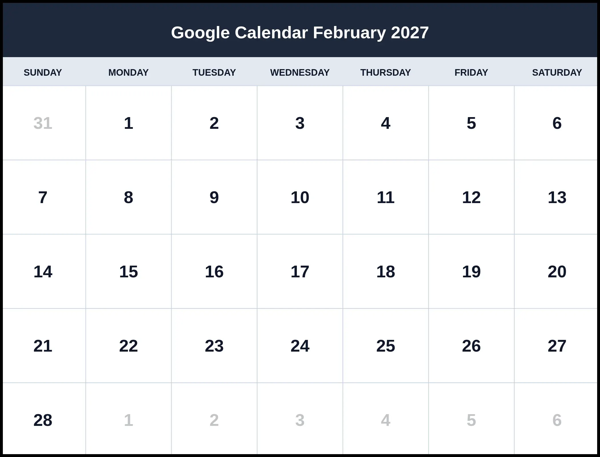 Google Calendar February 2027