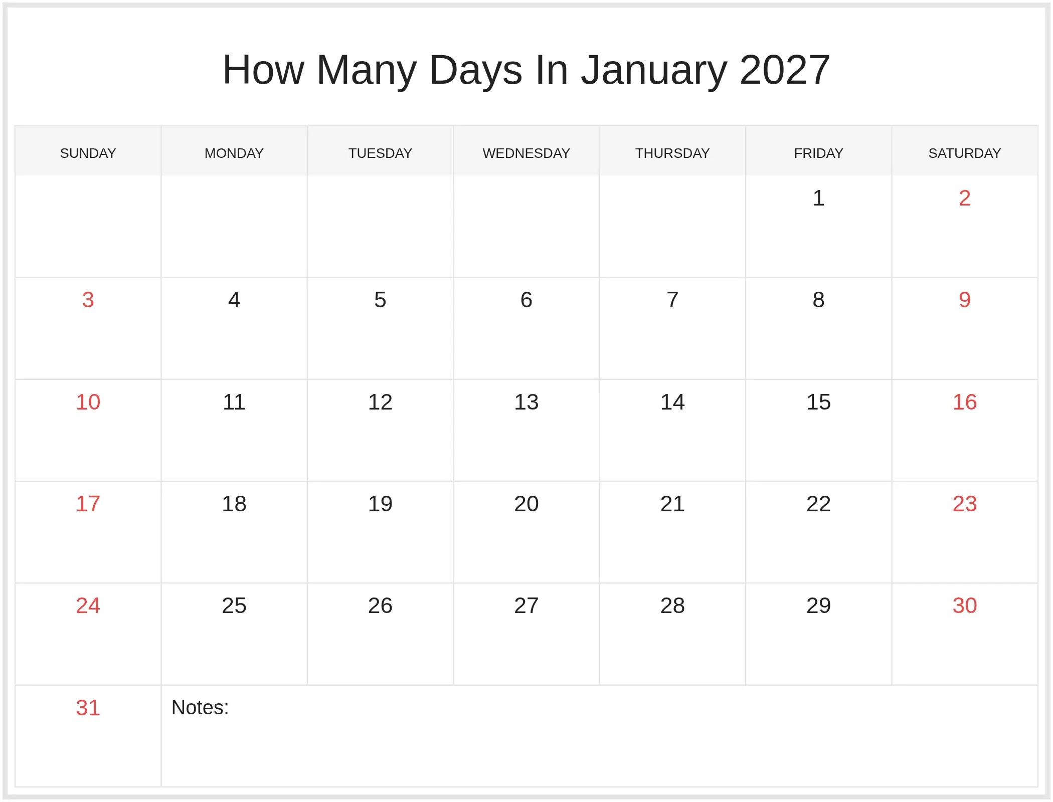 How Many Days In January 2027 with Notes Bottom Landscape How Many Days In January 2027 with Notes Bottom Landscape