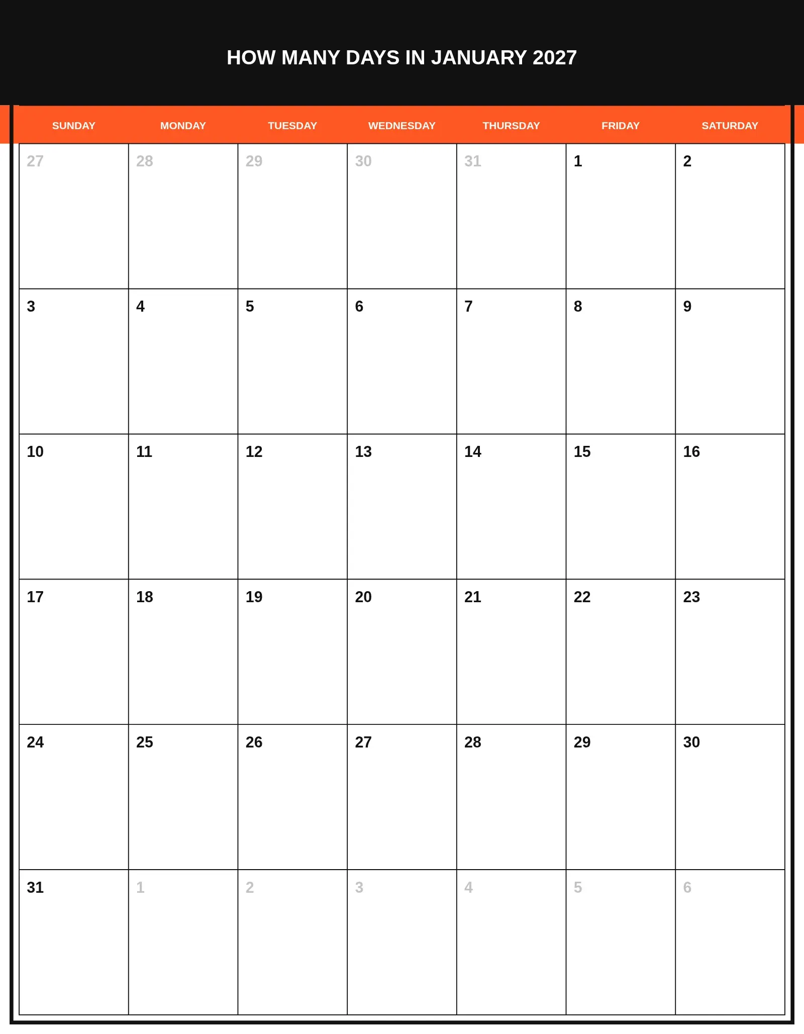 How Many Days In January 2027 With Portrait Template
