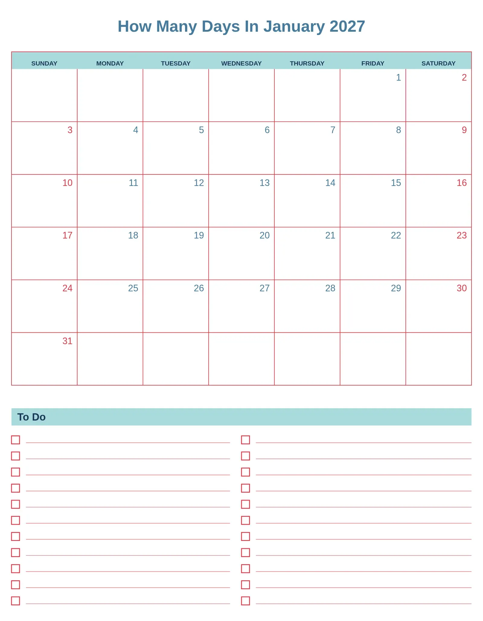 How Many Days In January 2027 With To Do List Bottom Portrait
