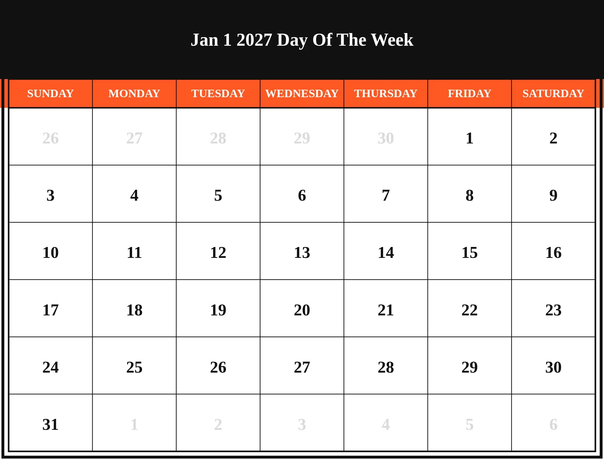 Jan 1 2027 Day Of The Week Download Landscape