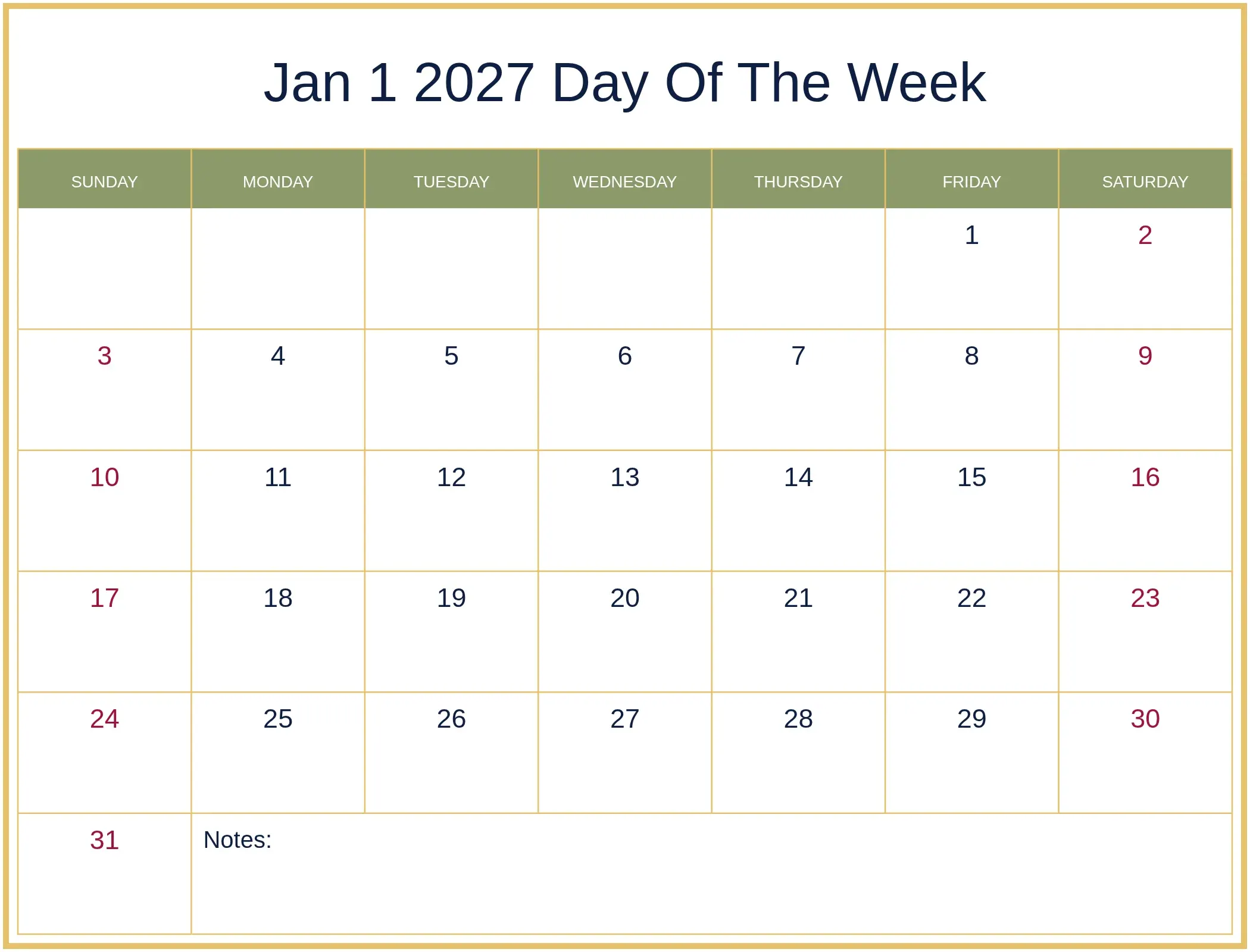 Jan 1 2027 Day Of The Week with Notes Bottom Landscape Jan 1 2027 Day Of The Week with Notes Bottom Landscape