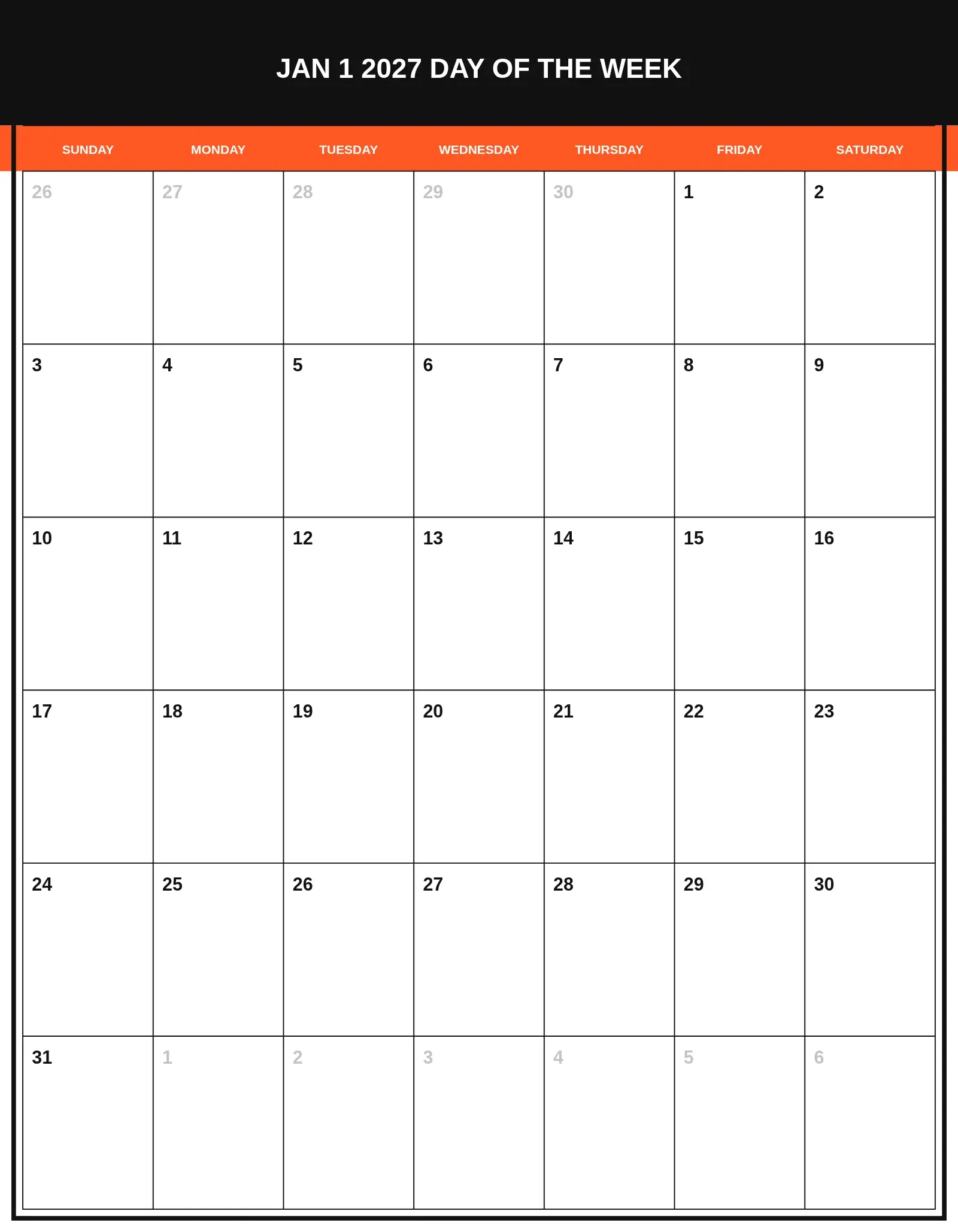 Jan 1 2027 Day Of The Week With Portrait Template