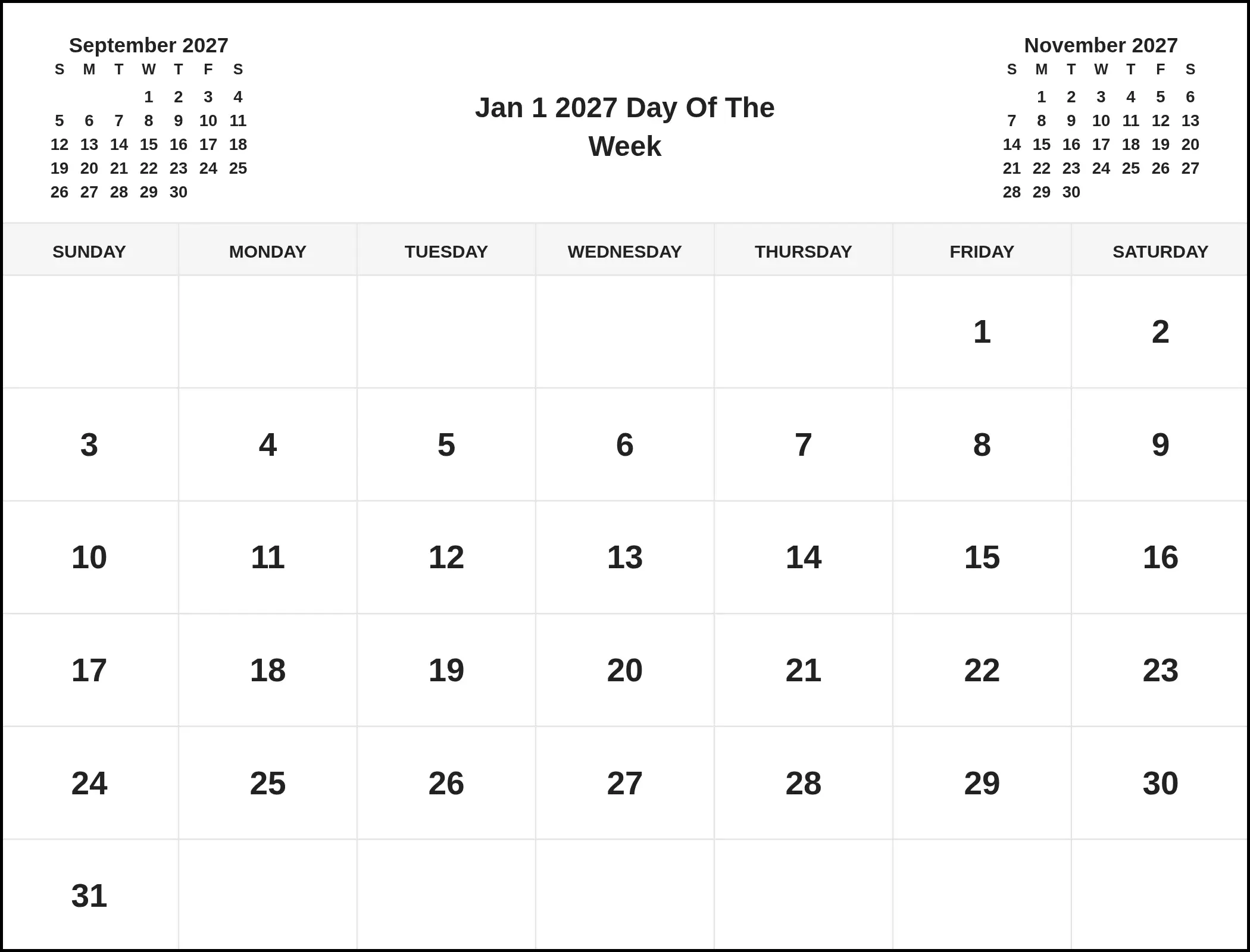 Jan 1 2027 Day Of The Week With Three Month View Jan 1 2027 Day Of The Week With Three Month View