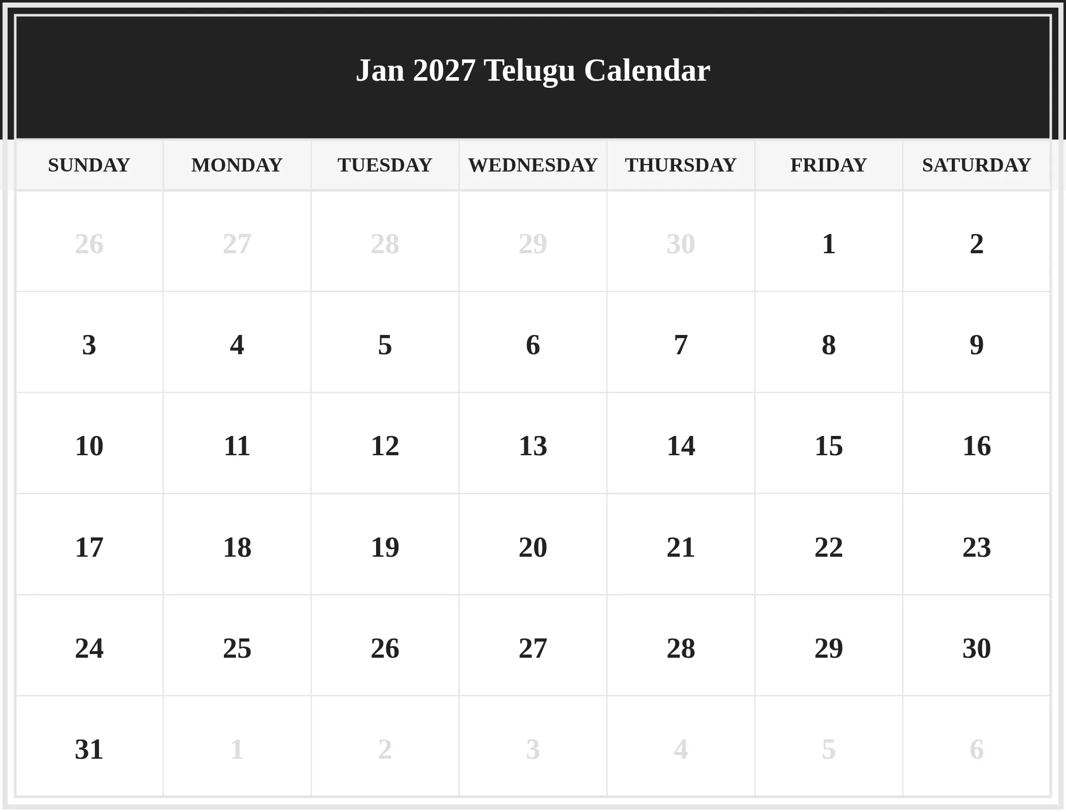 Jan 2027 Telugu Calendar Download Landscape