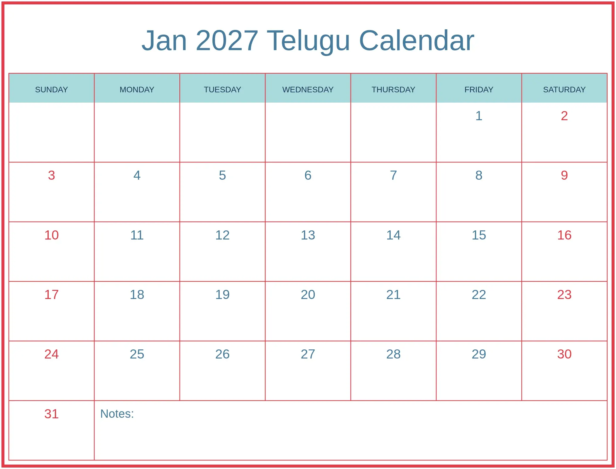 Jan 2027 Telugu Calendar with Notes Bottom Landscape Jan 2027 Telugu Calendar with Notes Bottom Landscape