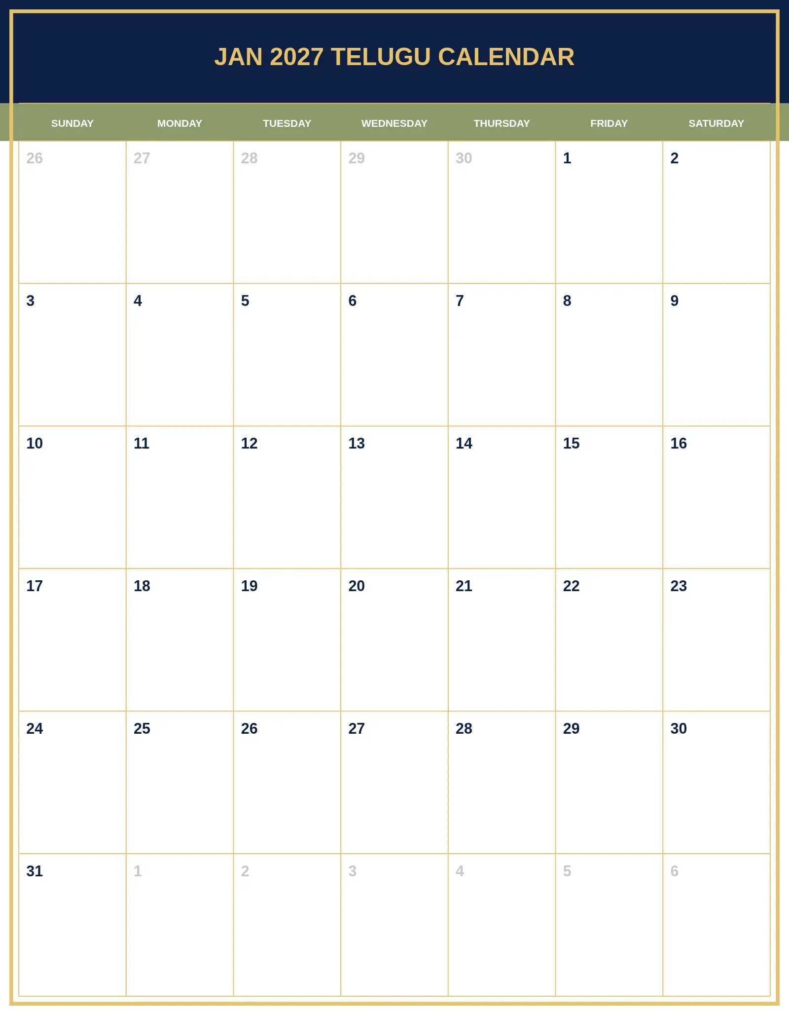 Jan 2027 Telugu Calendar With Portrait Template