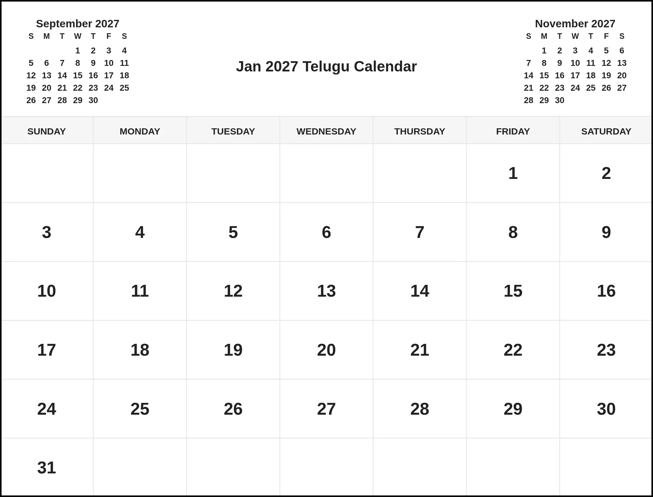 Jan 2027 Telugu Calendar With Three Month View Jan 2027 Telugu Calendar With Three Month View