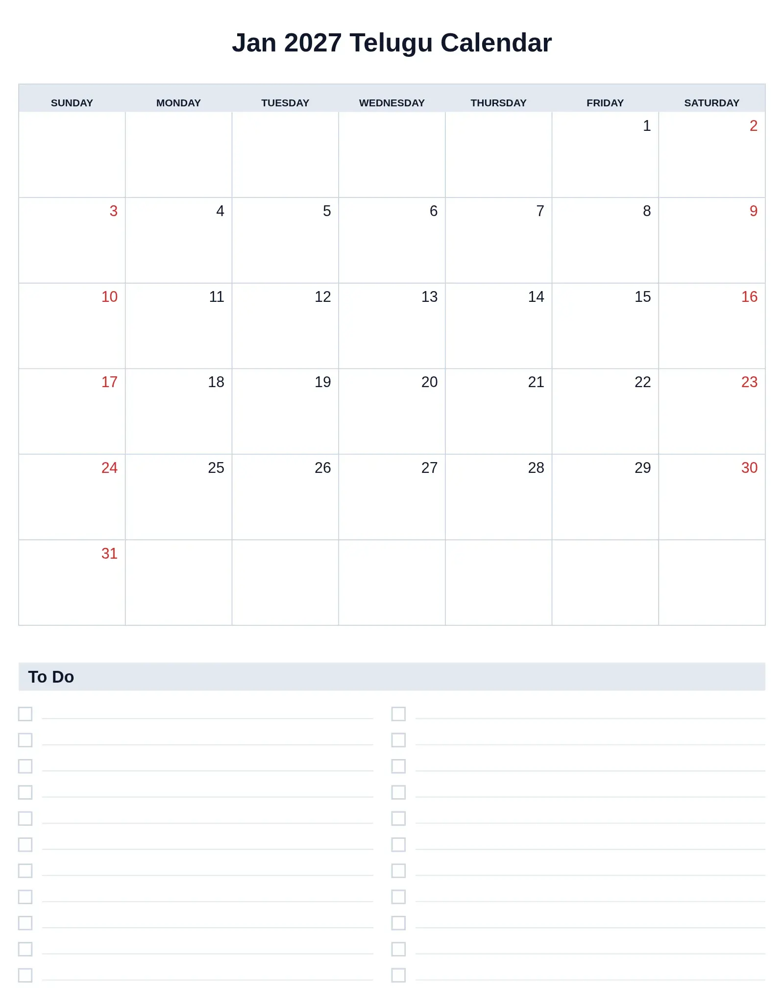 Jan 2027 Telugu Calendar With To Do List Bottom Portrait