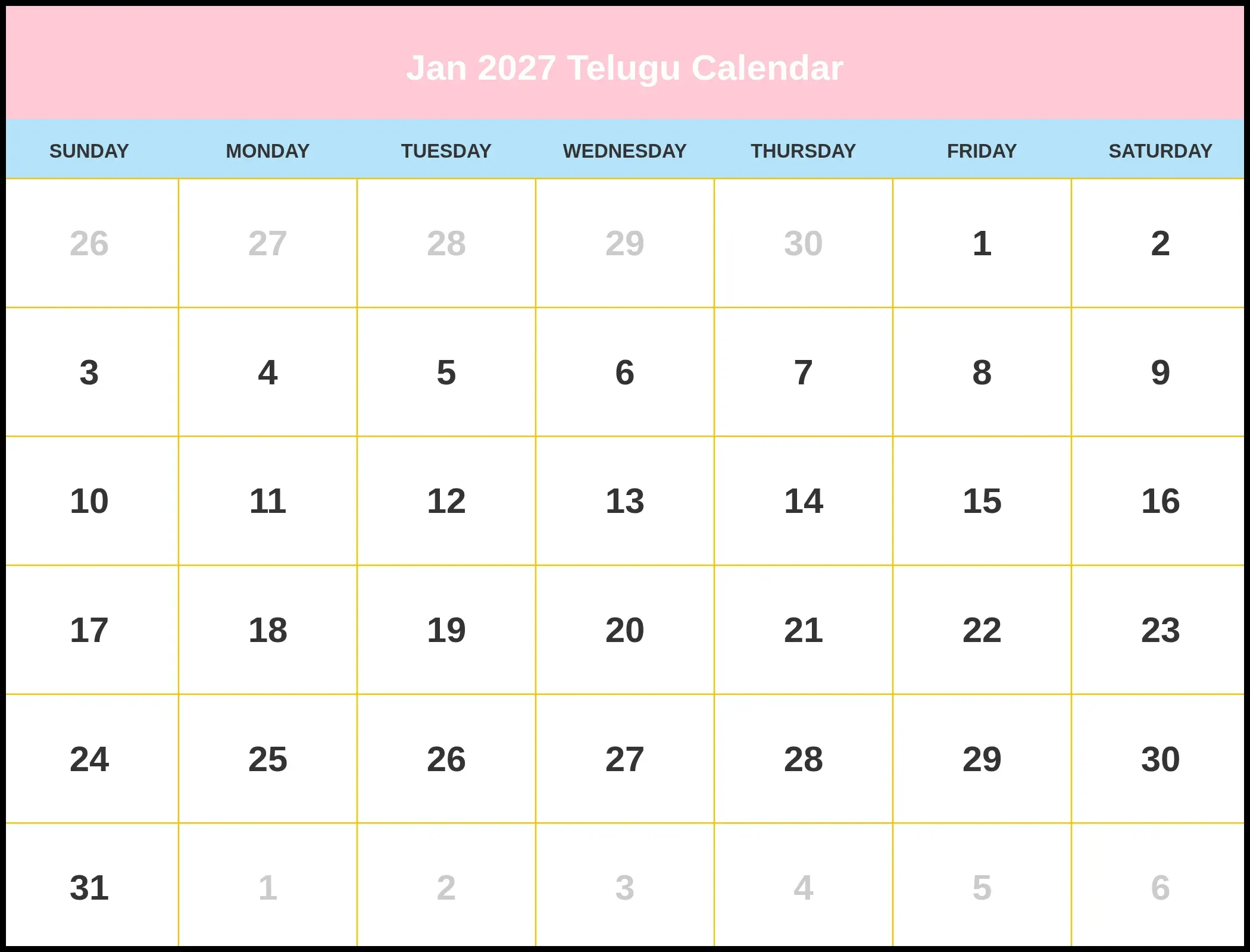 Jan 2027 Telugu Calendar Jan 2027 Telugu Calendar