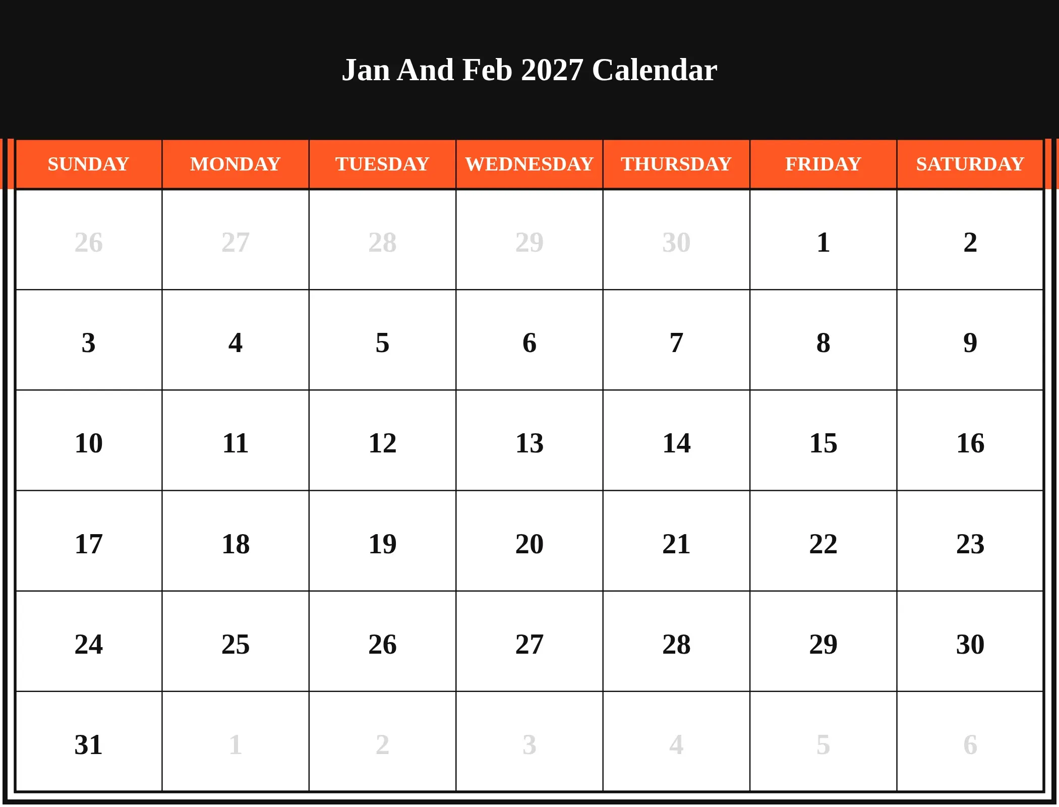 Jan And Feb 2027 Calendar Download Landscape Jan And Feb 2027 Calendar Download Landscape