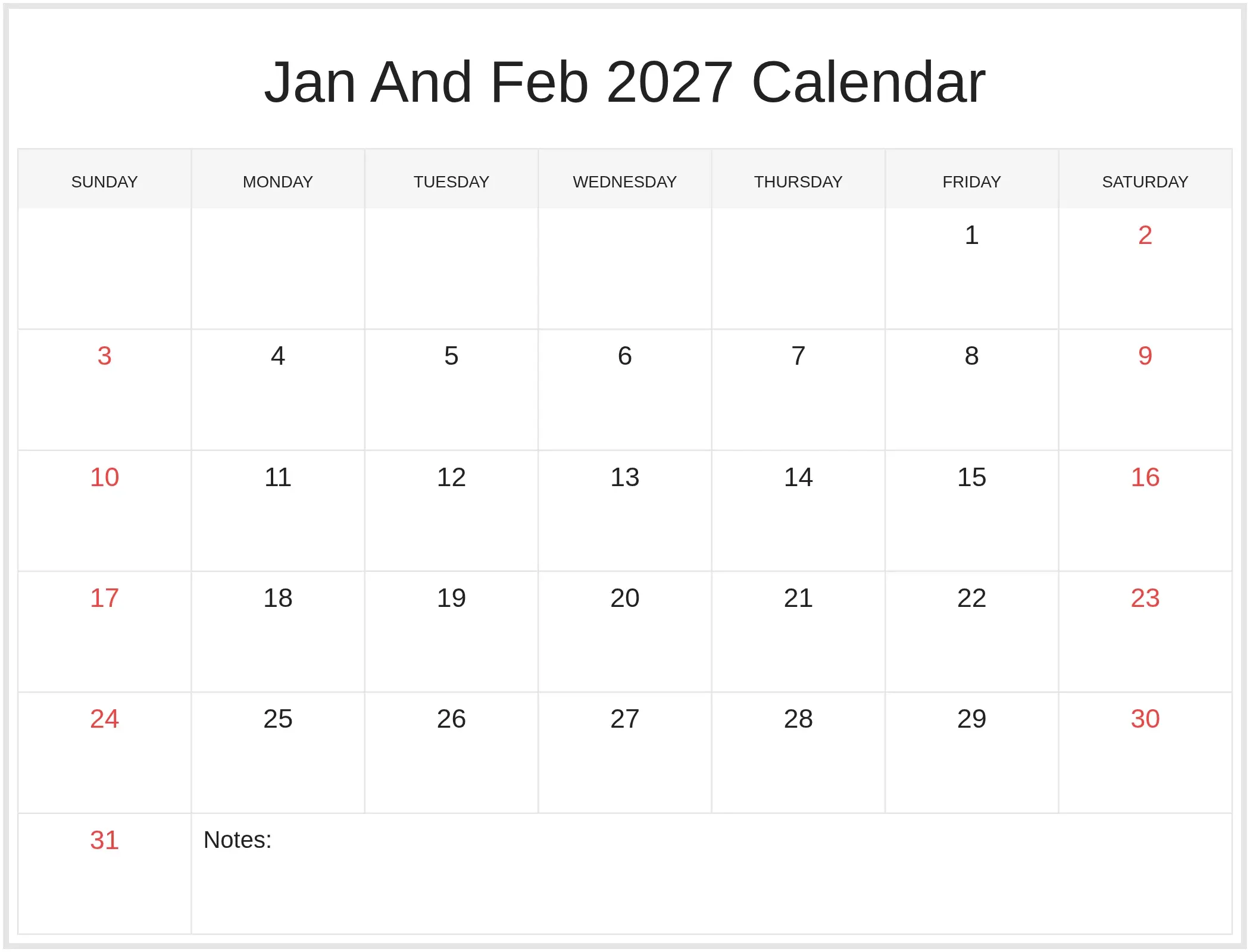 Jan And Feb 2027 Calendar with Notes Bottom Landscape