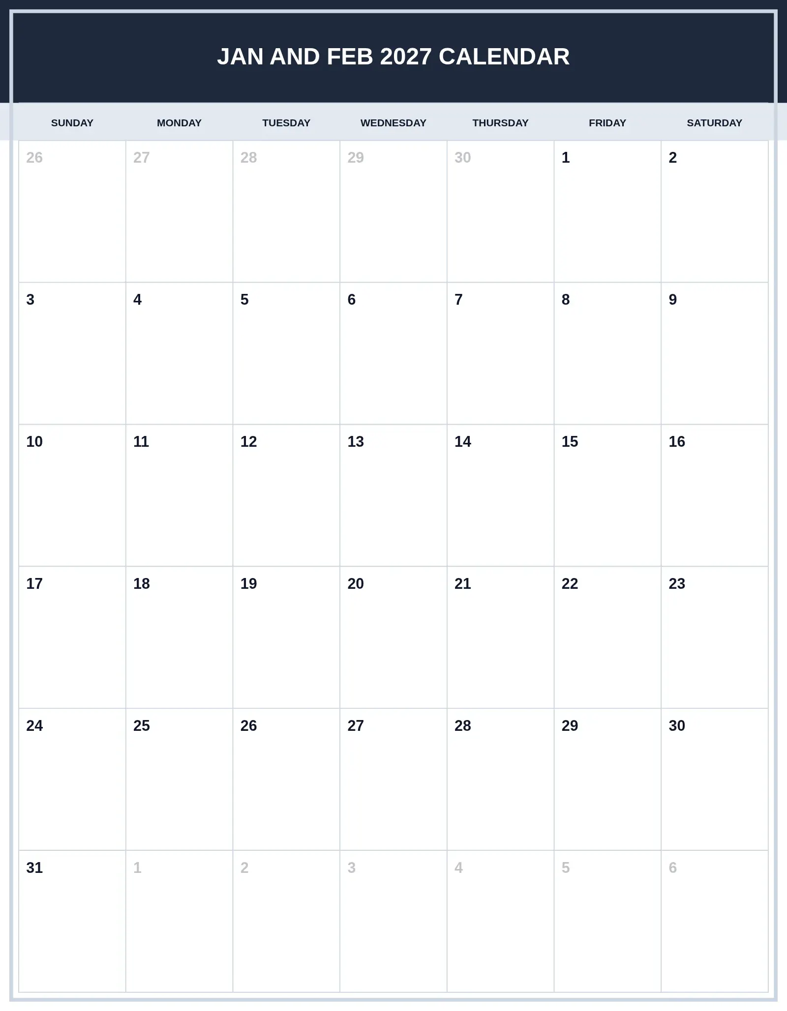 Jan And Feb 2027 Calendar With Portrait Template