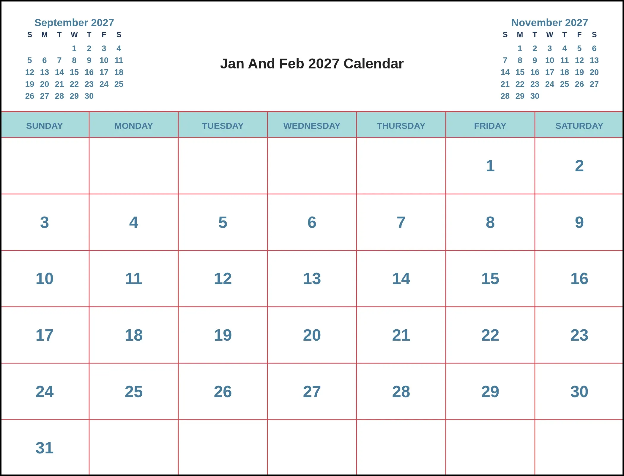 Jan And Feb 2027 Calendar With Three Month View
