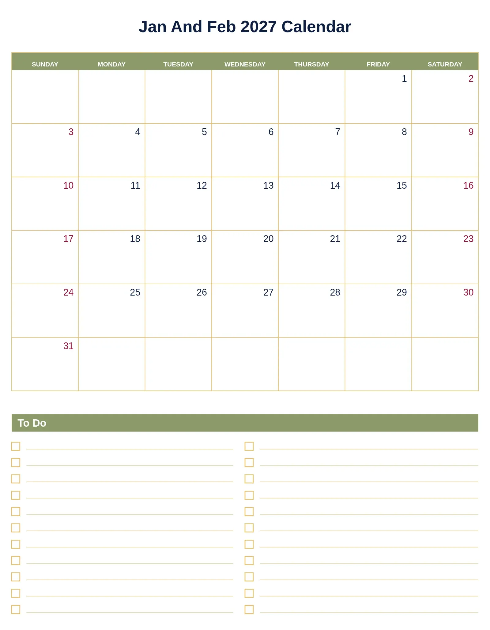 Jan And Feb 2027 Calendar With To Do List Bottom Portrait