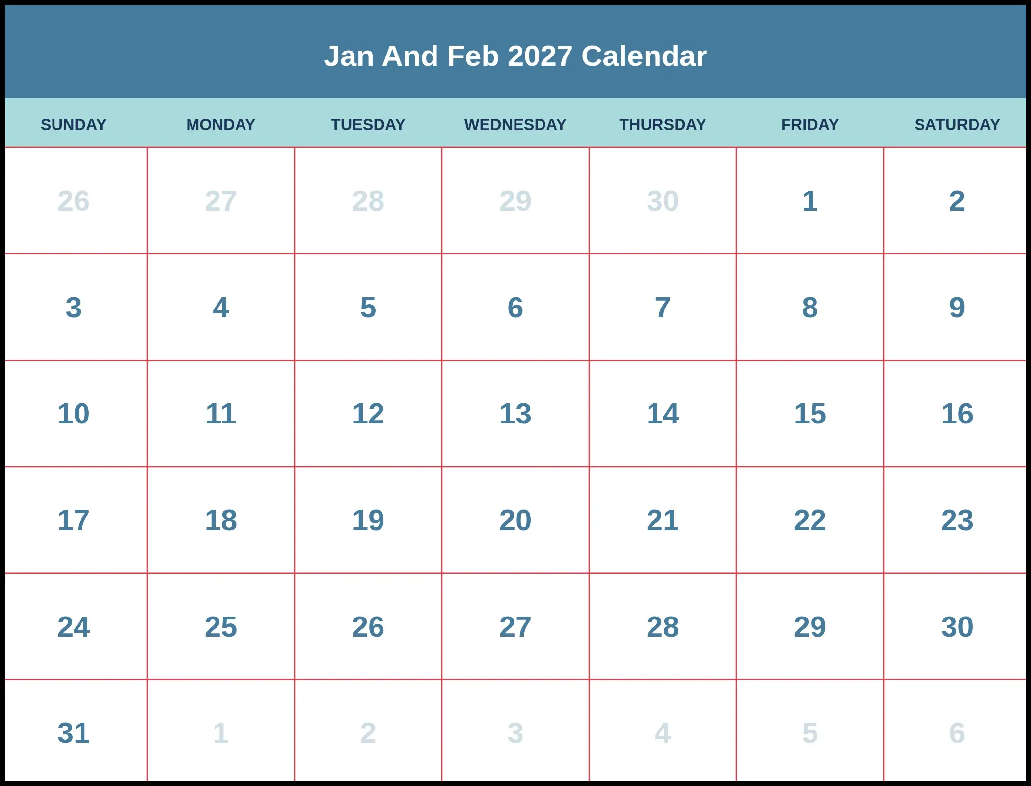 Jan And Feb 2027 Calendar