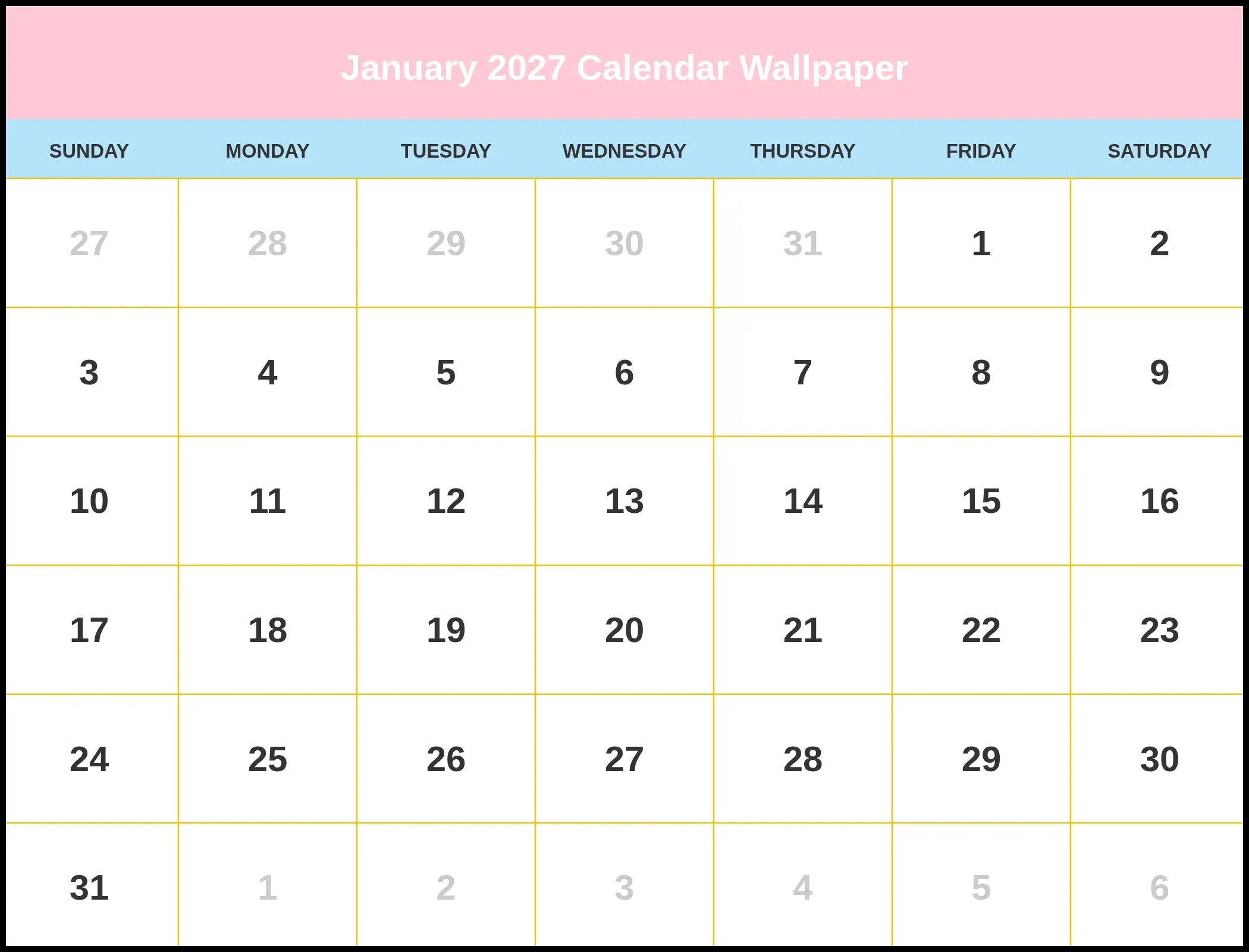 January 2027 Calendar Wallpaper Pdf