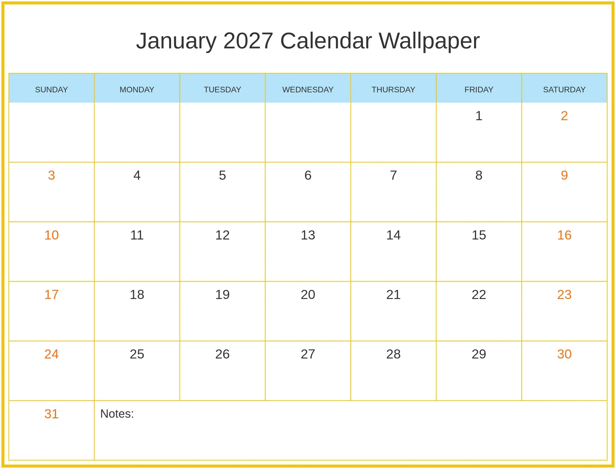 January 2027 Calendar Wallpaper with Notes Bottom Landscape