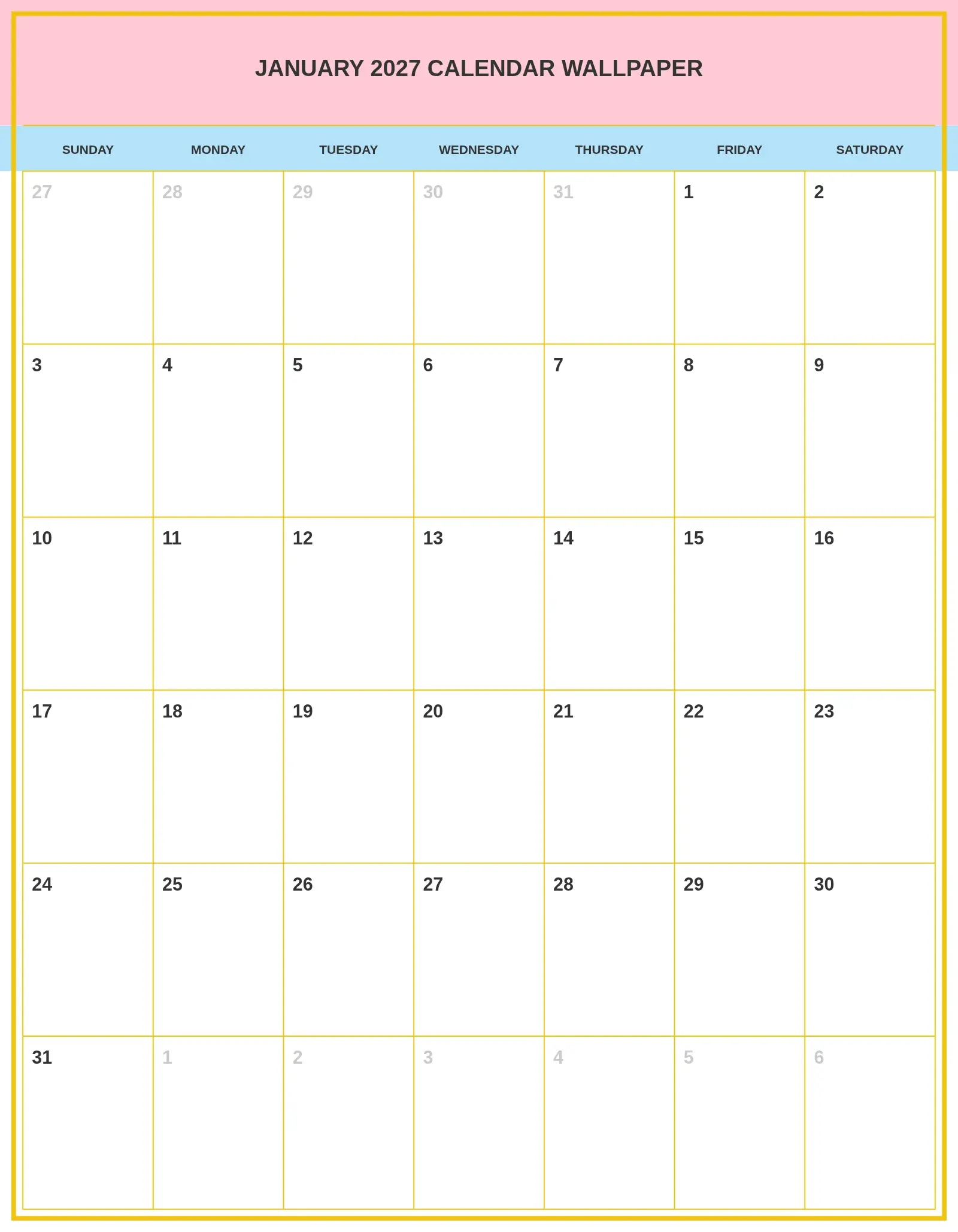 January 2027 Calendar Wallpaper With Portrait Template January 2027 Calendar Wallpaper With Portrait Template
