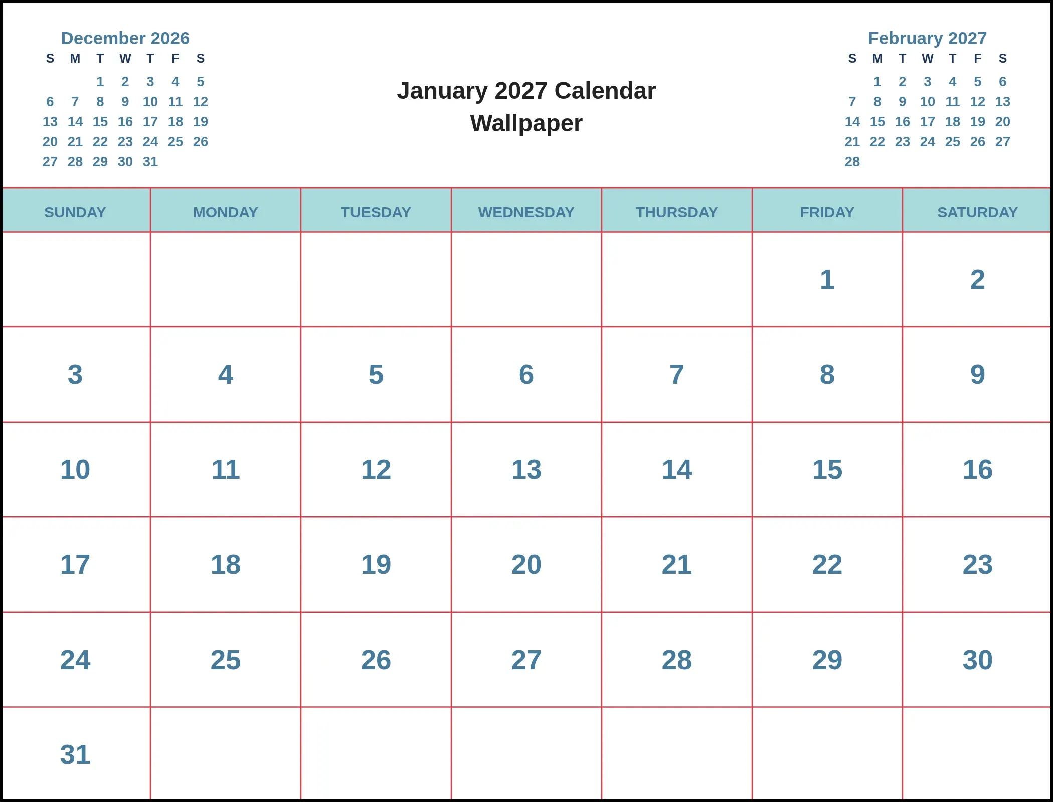 January 2027 Calendar Wallpaper With Three Month View January 2027 Calendar Wallpaper With Three Month View