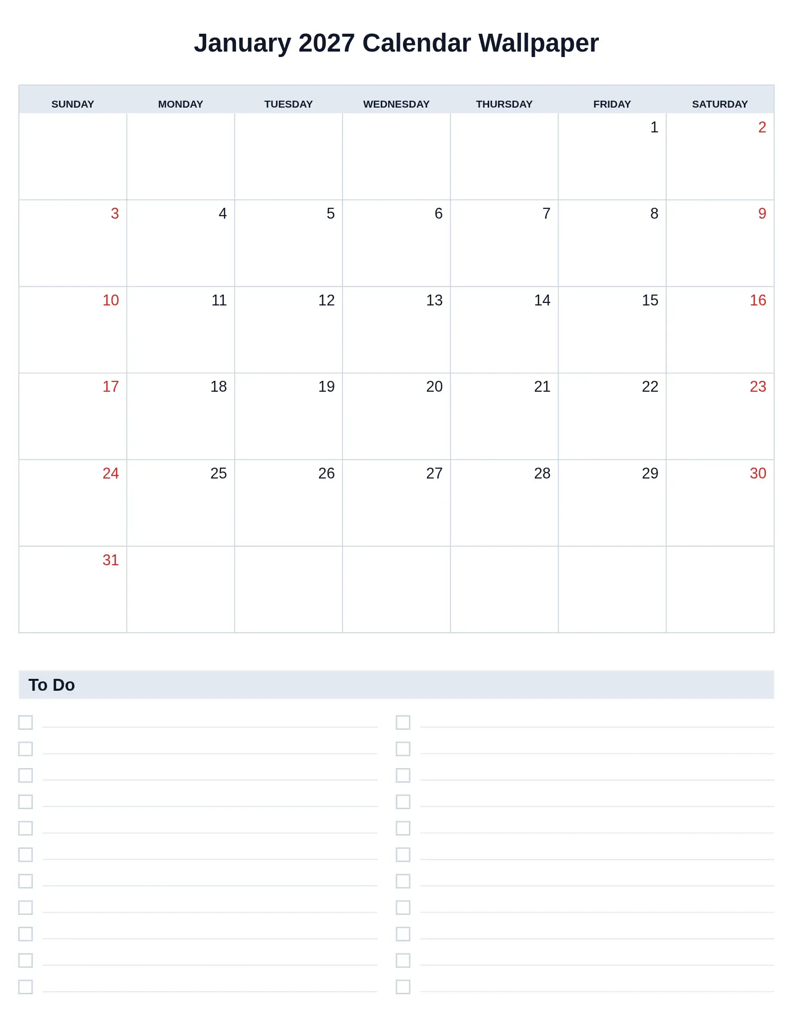 January 2027 Calendar Wallpaper With To Do List Bottom Portrait January 2027 Calendar Wallpaper With To Do List Bottom Portrait