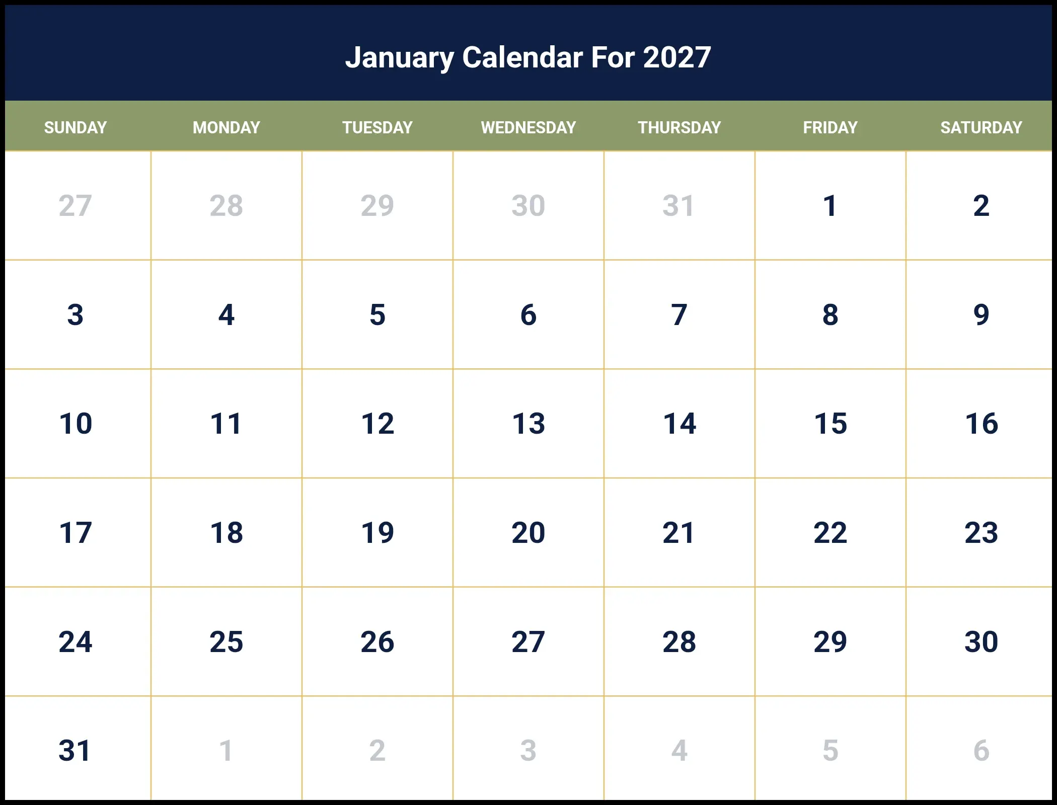 January Calendar For 2027