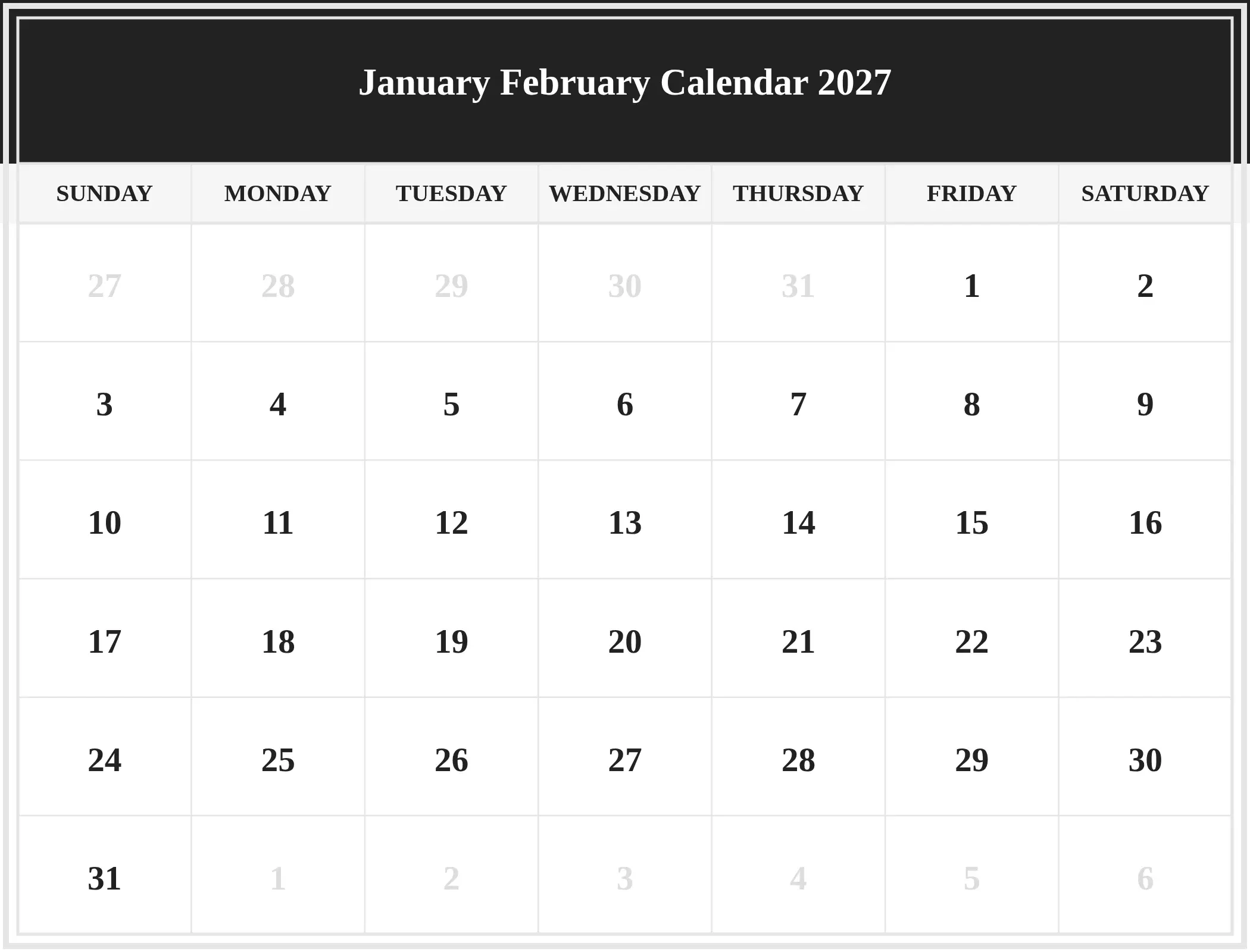 January February Calendar 2027 Download Landscape