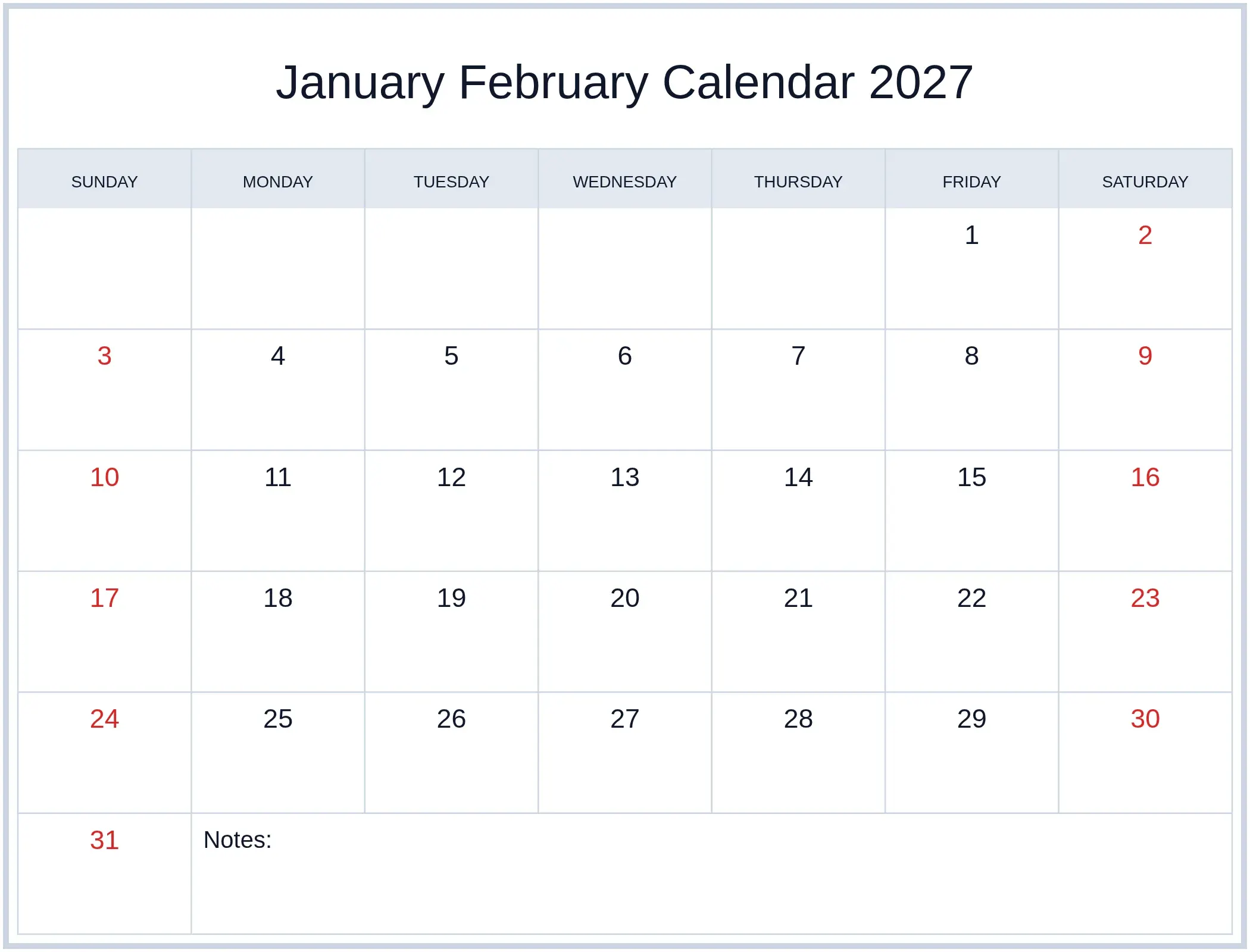 January February Calendar 2027 with Notes Bottom Landscape January February Calendar 2027 with Notes Bottom Landscape
