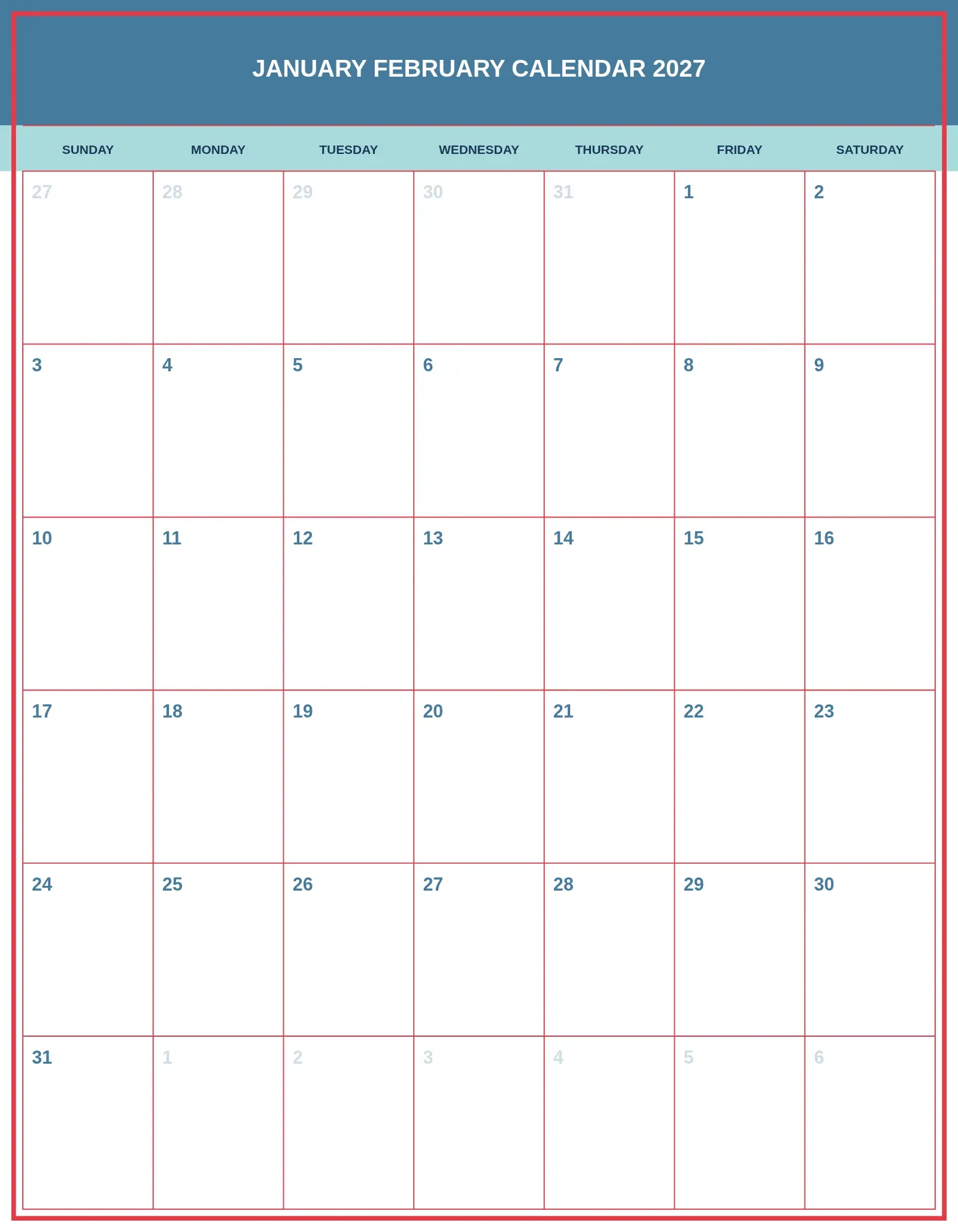 January February Calendar 2027 With Portrait Template January February Calendar 2027 With Portrait Template