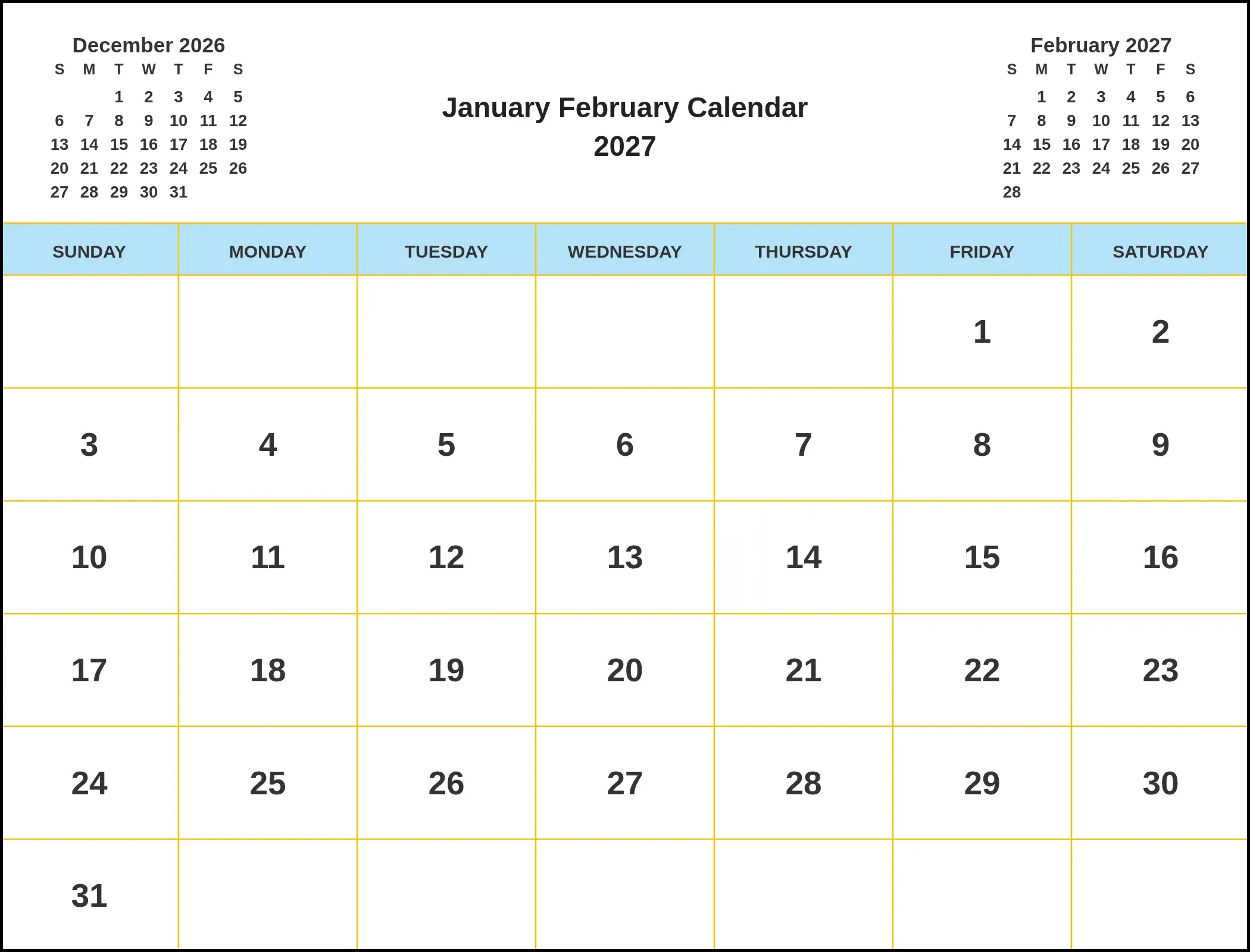 January February Calendar 2027 With Three Month View