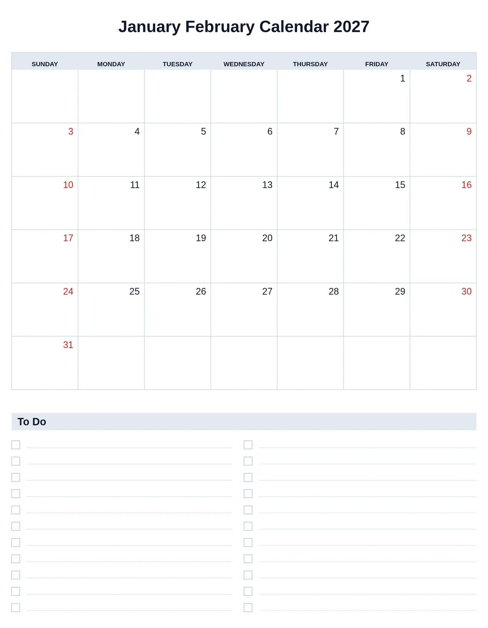 January February Calendar 2027 With To Do List Bottom Portrait January February Calendar 2027 With To Do List Bottom Portrait
